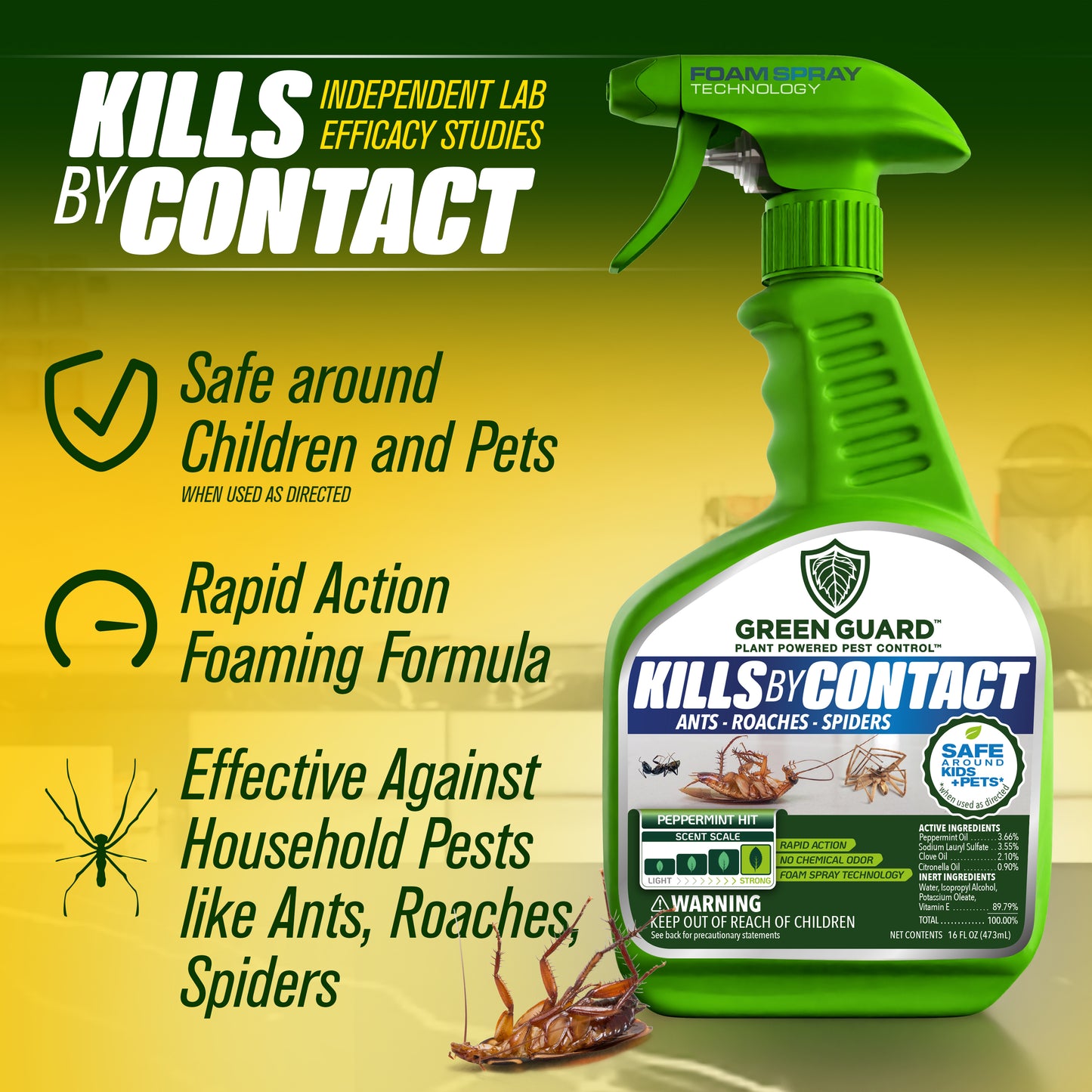 16 oz Peppermint Hit Green Guard Pest Control Spray- Safe Around Children & Pets, Kills by Contact: Ants, Roaches, Spiders & Other Crawling Insects, Indoor and Outdoor, Pleasant Scent