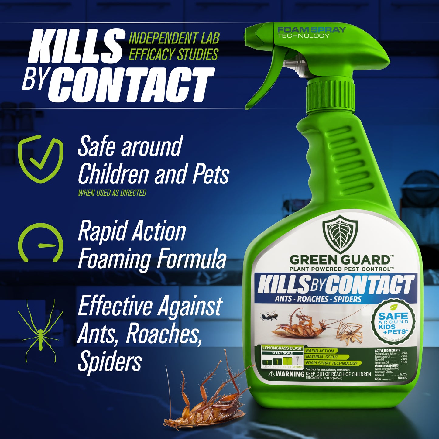 16 oz Lemongrass Blast Green Guard Pest Control Spray- Safe Around Children & Pets, Kills by Contact: Ants, Roaches, Spiders & Other Crawling Insects, Indoor and Outdoor