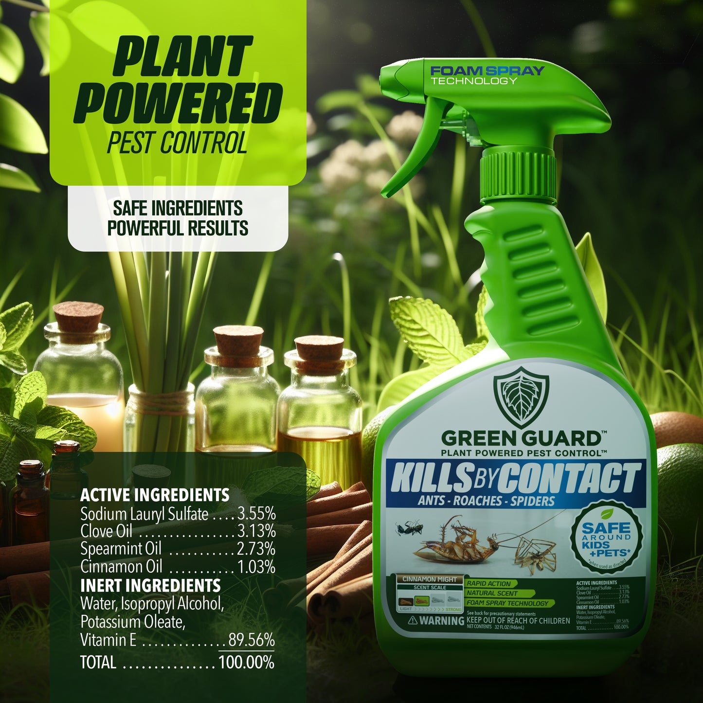 16 oz Cinnamon Might Green Guard Pest Control Spray- Safe Around Children & Pets, Kills by Contact: Ants, Roaches, Spiders & Other Crawling Insects, Indoor and Outdoor, Pleasant Scent