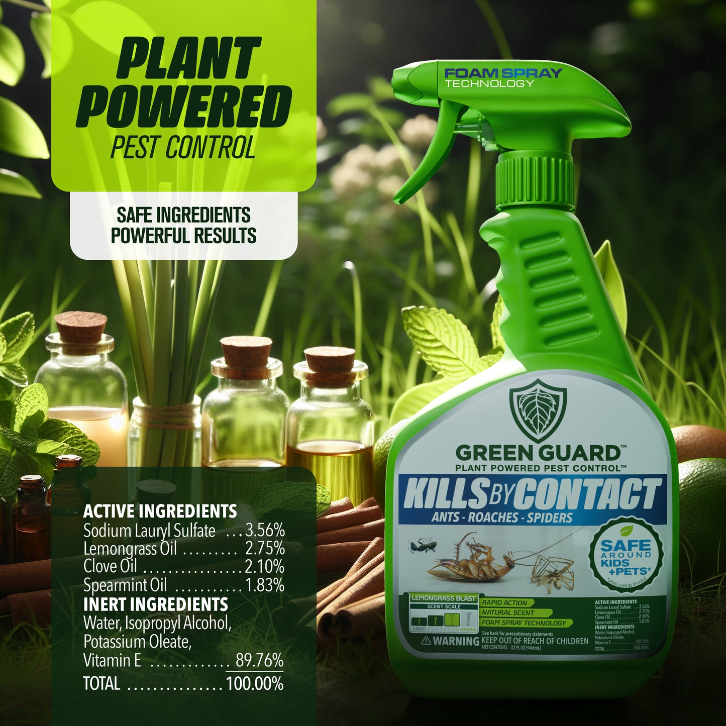 16 oz Lemongrass Blast Green Guard Pest Control Spray- Safe Around Children & Pets, Kills by Contact: Ants, Roaches, Spiders & Other Crawling Insects, Indoor and Outdoor