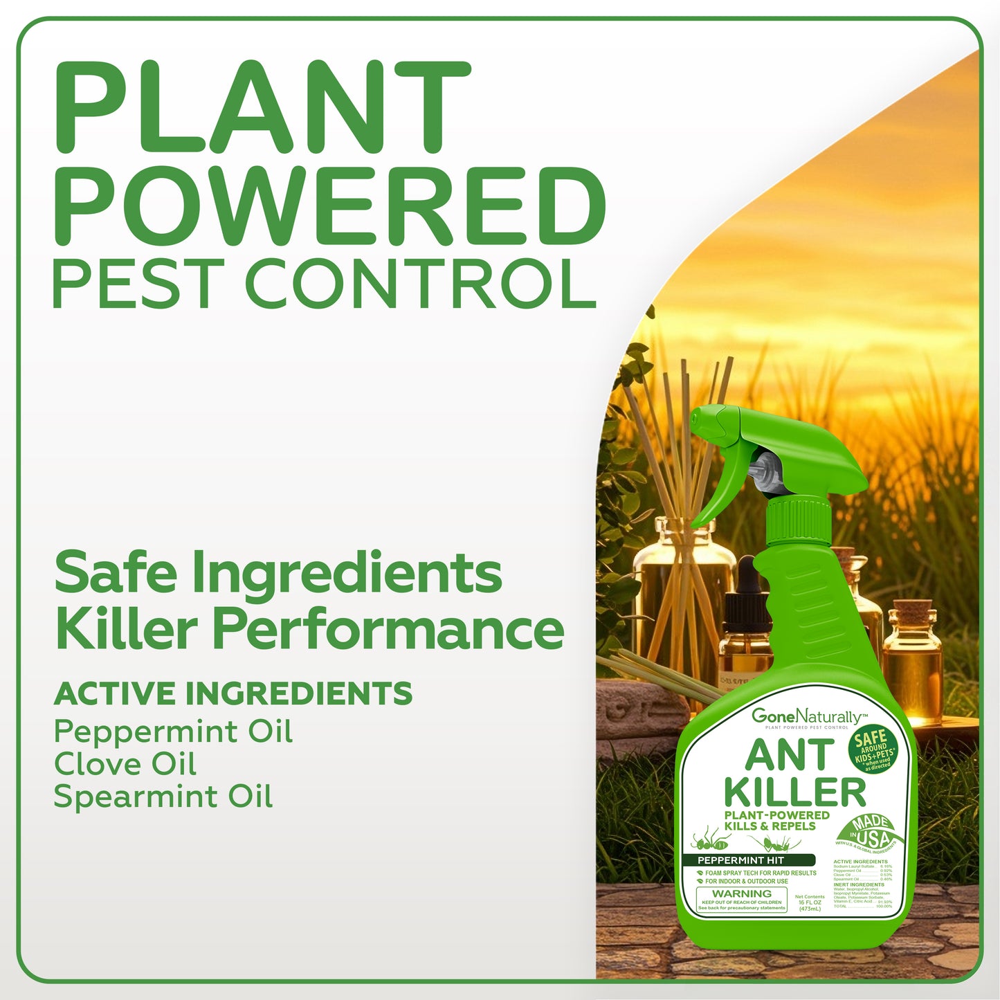GoneNaturally Ant Killer– Peppermint Oil Ant Spray for Indoor & Outdoor Use– Natural Ant Repellent & Ant Killer for Home– Safe for Kids & Pets– Non-Toxic Pest Control Solution (16oz)