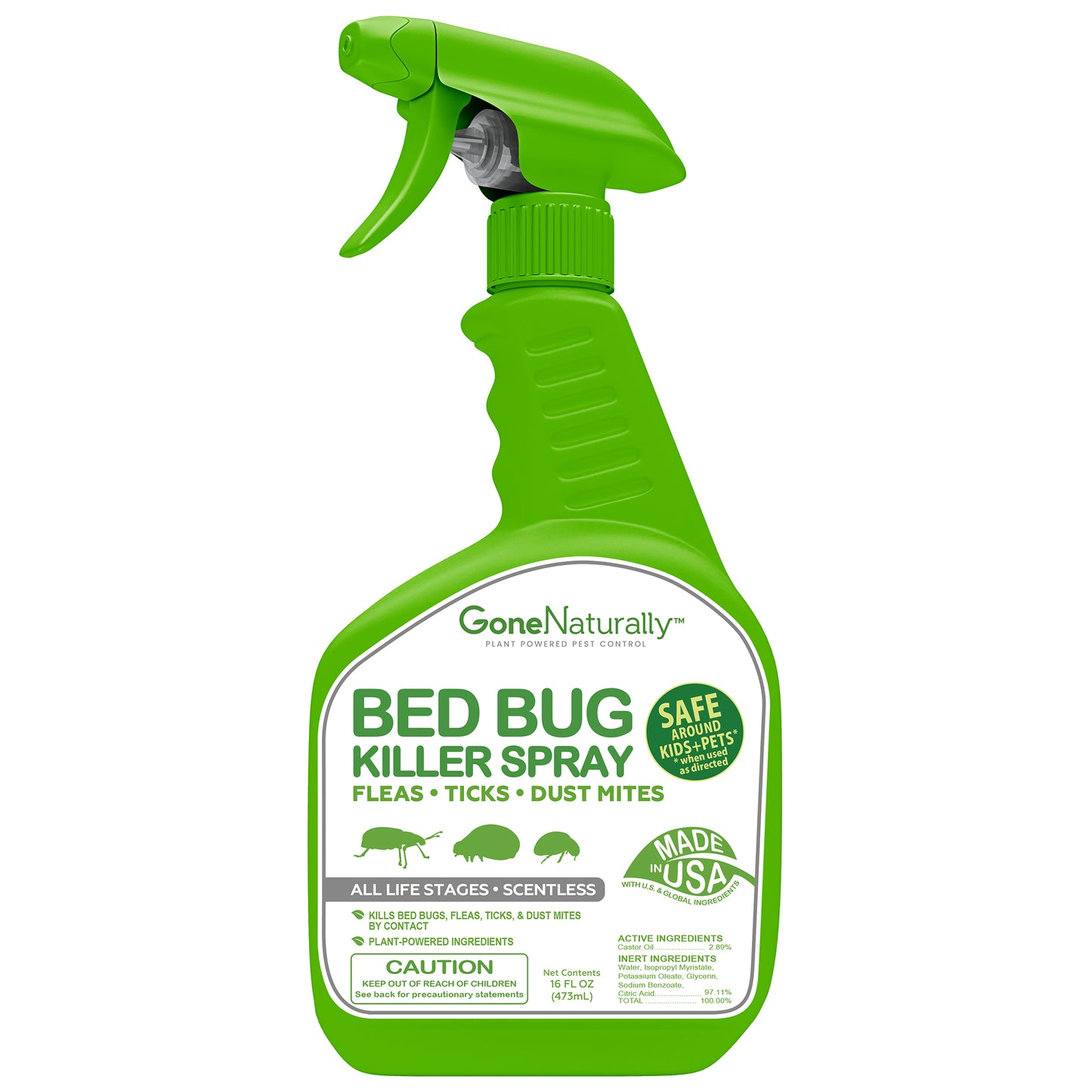 GoneNaturally Bed Bug Killer Spray– Scentless Natural Bed Bug Spray for Home & Mattress– Bedbugs Killers Treatment for Bugs & Eggs– Flea, Tick & Dust Mite Control– Kid & Pet Safe, Non-Staining (16oz)