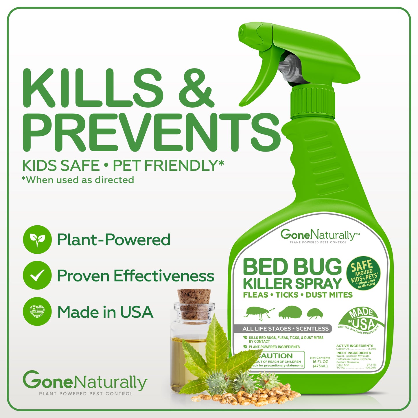 GoneNaturally Bed Bug Killer Spray– Scentless Natural Bed Bug Spray for Home & Mattress– Bedbugs Killers Treatment for Bugs & Eggs– Flea, Tick & Dust Mite Control– Kid & Pet Safe, Non-Staining (16oz)