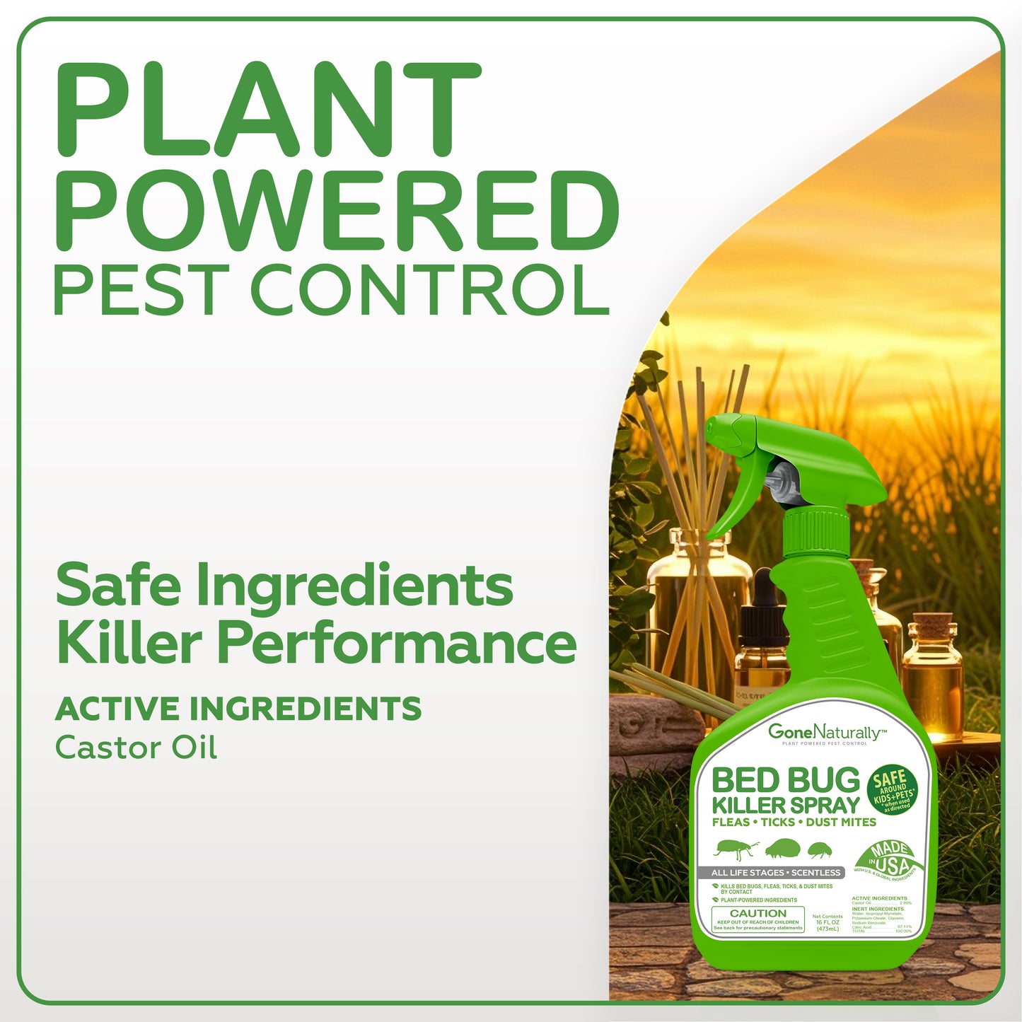 GoneNaturally Scentless Bed Bug Killer Spray. Kills bed bugs, fleas, ticks, mites & eggs. Kid/pet safe. 16oz.