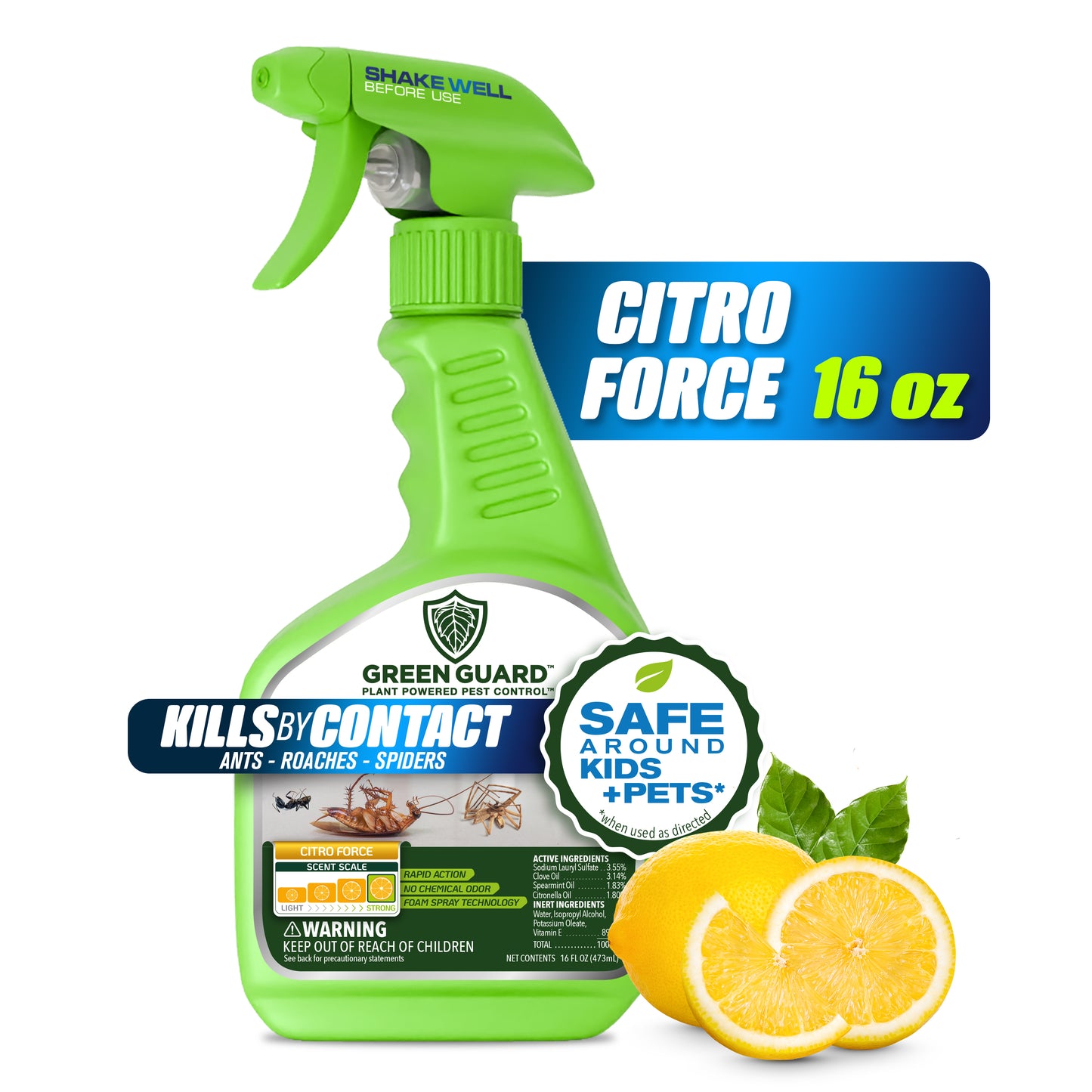 16 oz Citro Force Green Guard Pest Control Spray- Safe Around Children & Pets, Kills by Contact: Ants, Roaches, Spiders & Other Crawling Insects, Indoor and Outdoor, Pleasant Scent