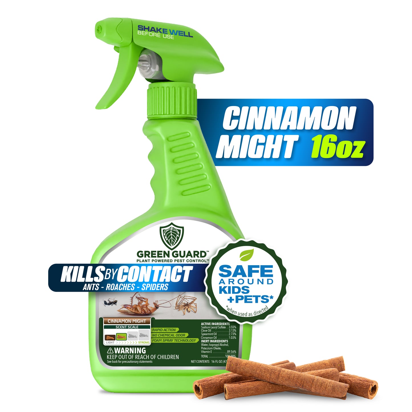 16 oz Cinnamon Might Green Guard Pest Control Spray- Safe Around Children & Pets, Kills by Contact: Ants, Roaches, Spiders & Other Crawling Insects, Indoor and Outdoor, Pleasant Scent