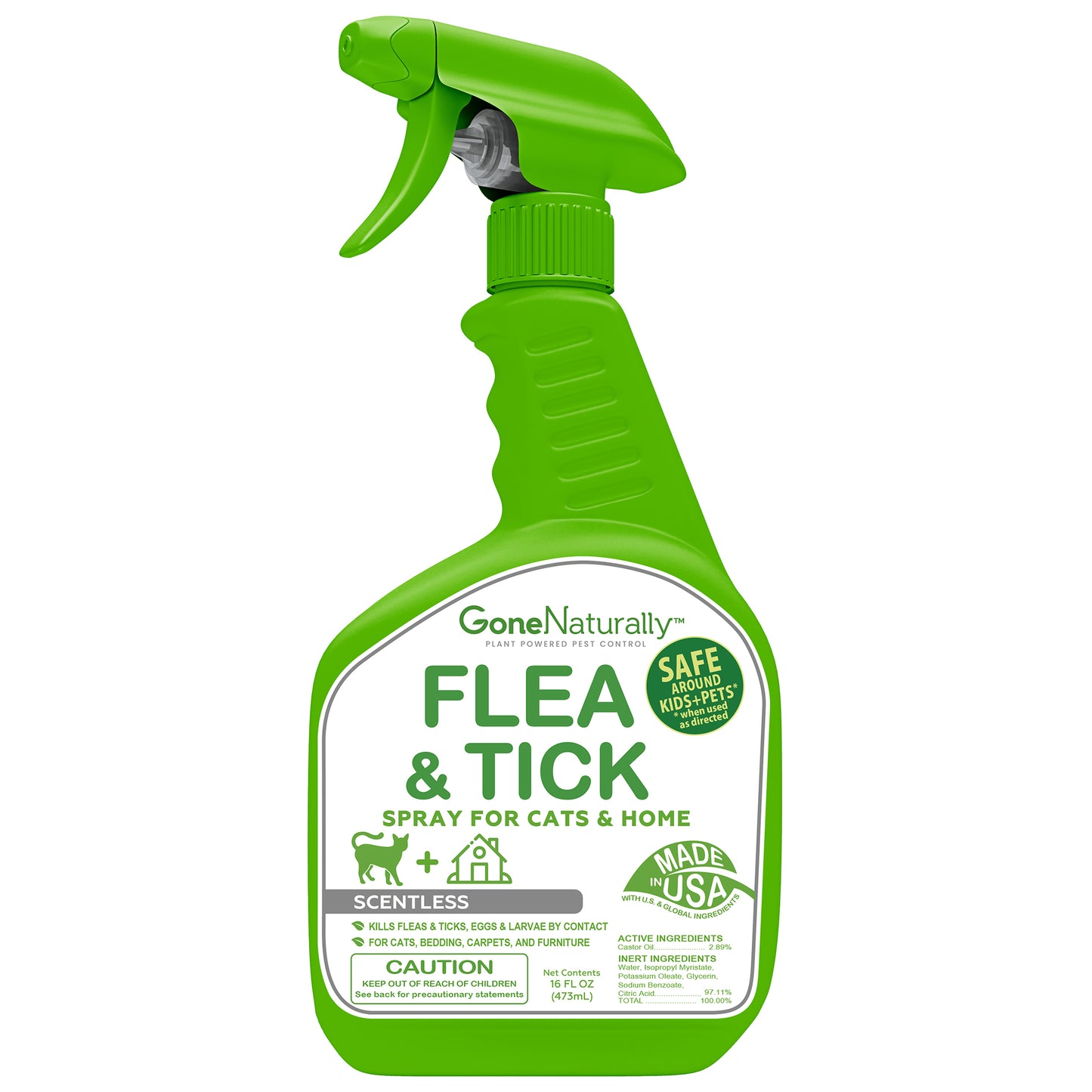 GoneNaturally Flea and Tick Spray for Cats & Home– Natural Flea and Tick Prevention for Cats– Bed Bug Spray & Multi-Insect Killer– Scentless Plant-Based Formula Kills on Contact (16 oz)