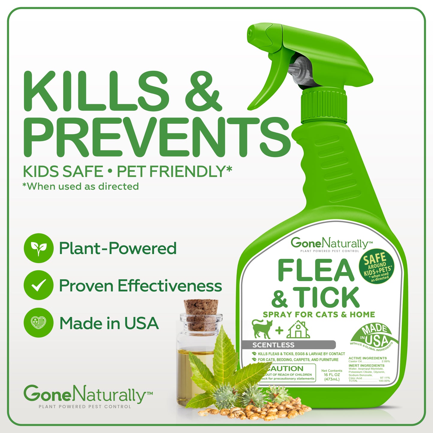 GoneNaturally Flea and Tick Spray for Cats & Home– Natural Flea and Tick Prevention for Cats– Bed Bug Spray & Multi-Insect Killer– Scentless Plant-Based Formula Kills on Contact (16 oz)