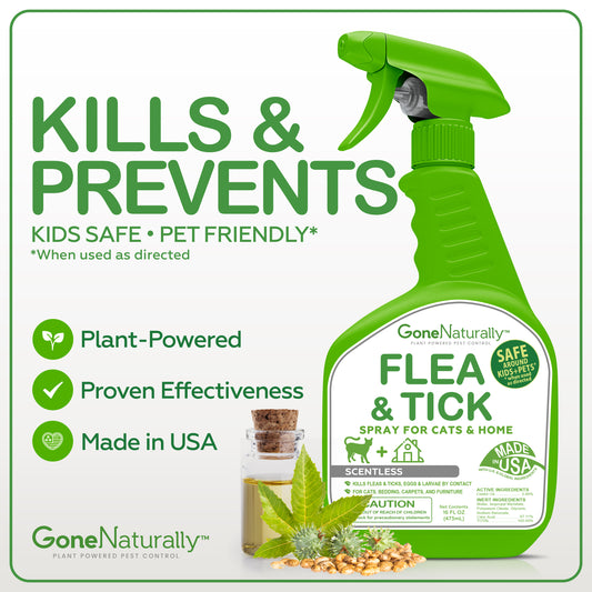 GoneNaturally Scentless Flea and Tick Spray for Cats & Home. Kills fleas, ticks, bed bugs & more. 16oz.