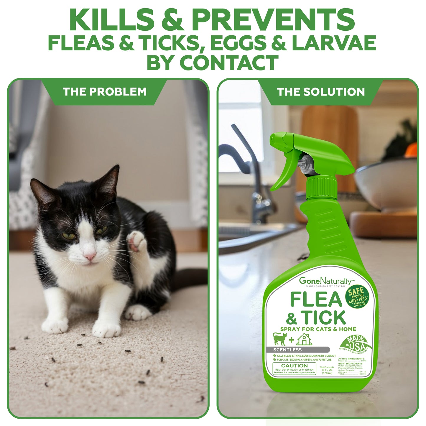 GoneNaturally Flea and Tick Spray for Cats & Home– Natural Flea and Tick Prevention for Cats– Bed Bug Spray & Multi-Insect Killer– Scentless Plant-Based Formula Kills on Contact (16 oz)