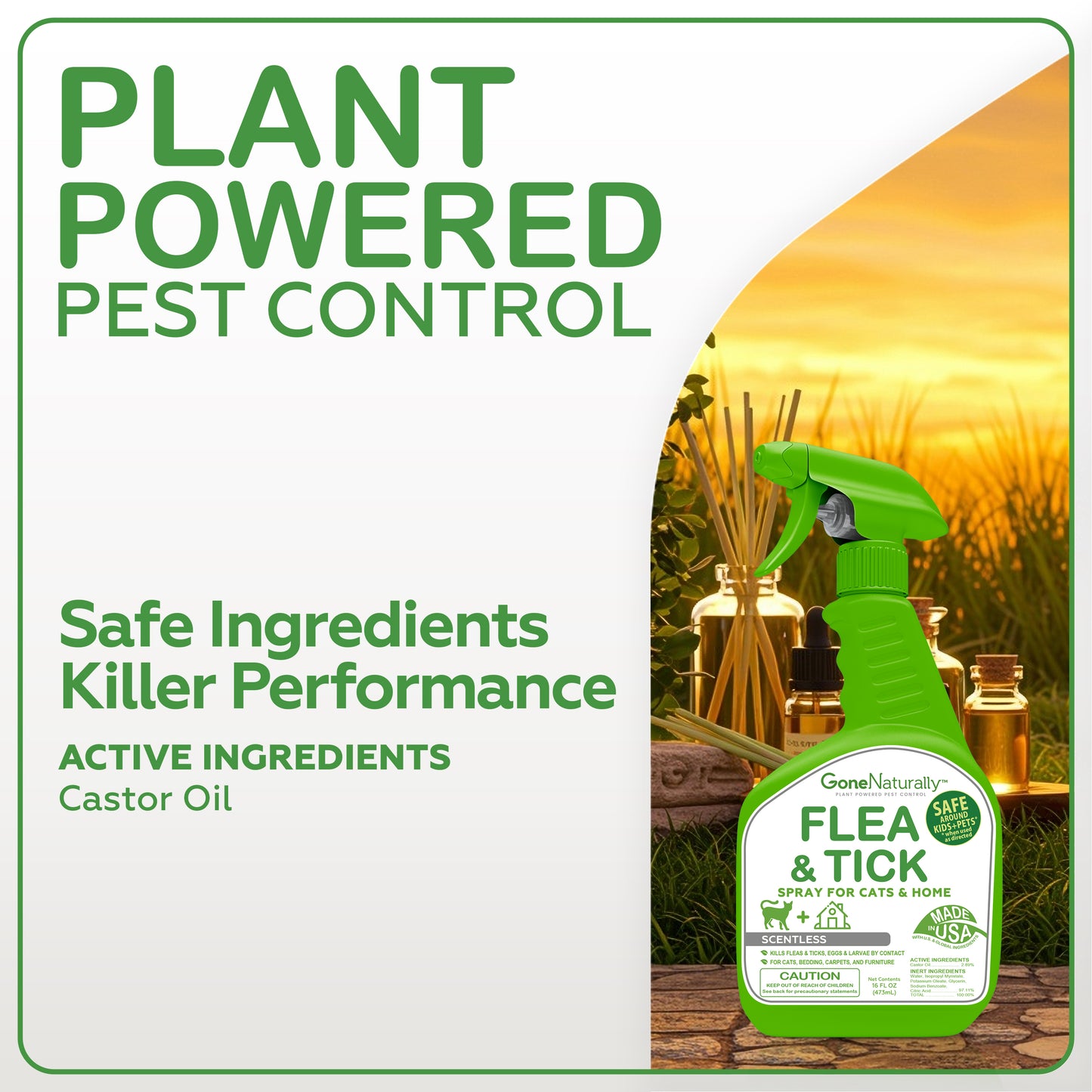 GoneNaturally Scentless Flea and Tick Spray for Cats & Home. Kills fleas, ticks, bed bugs & more. 16oz.