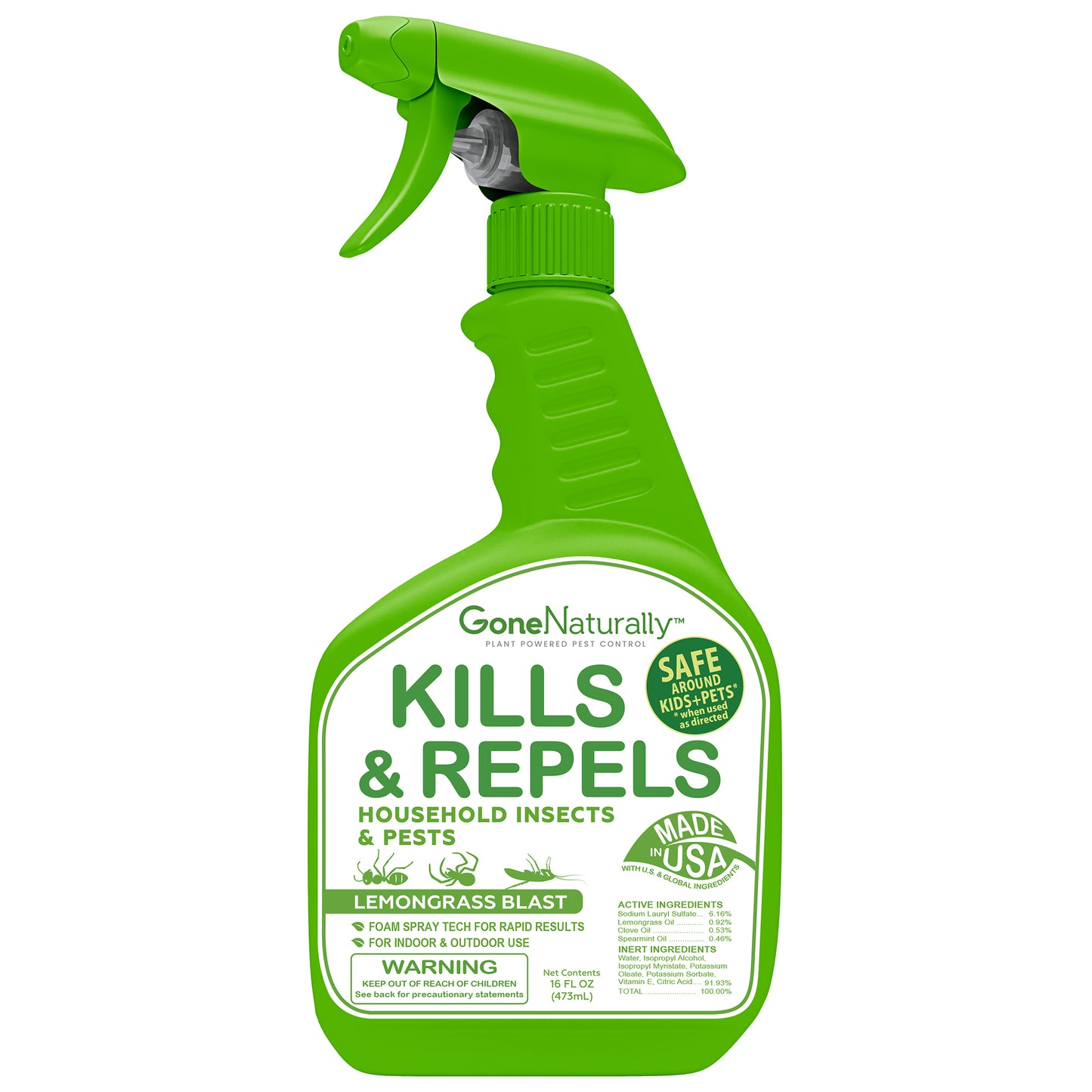 GoneNaturally Insect Repellent & Bug Spray for Home – Kills & Repels Ants, Roaches, Spiders, Flies, Mosquitoes, Silverfish & More – Safe for Kids & Pets – Indoor & Outdoor Use (Lemongrass Scent, 16oz)