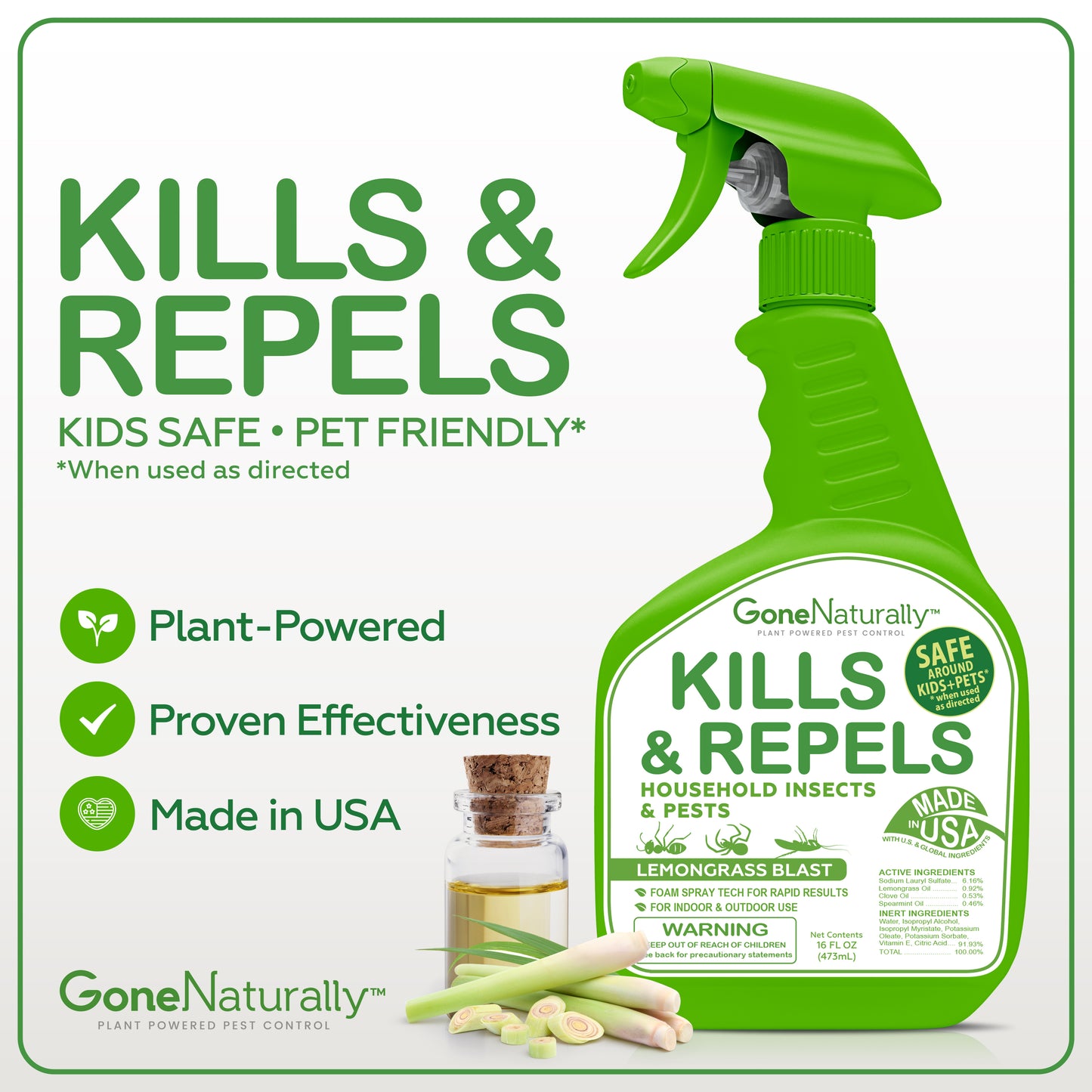 GoneNaturally Insect Repellent & Bug Spray for Home – Kills & Repels Ants, Roaches, Spiders, Flies, Mosquitoes, Silverfish & More – Safe for Kids & Pets – Indoor & Outdoor Use (Lemongrass Scent, 16oz)