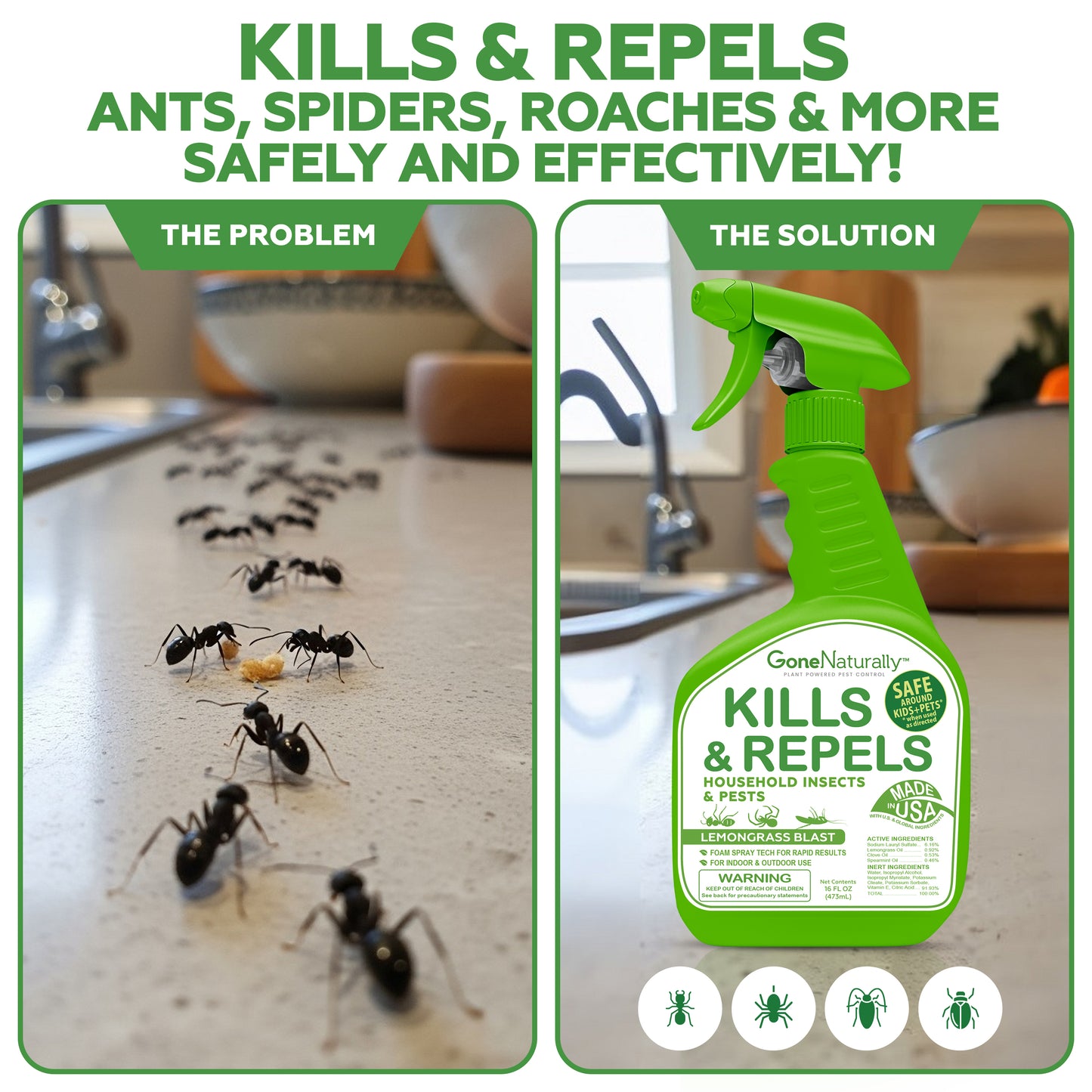 GoneNaturally Insect Repellent & Bug Spray for Home – Kills & Repels Ants, Roaches, Spiders, Flies, Mosquitoes, Silverfish & More – Safe for Kids & Pets – Indoor & Outdoor Use (Lemongrass Scent, 16oz)