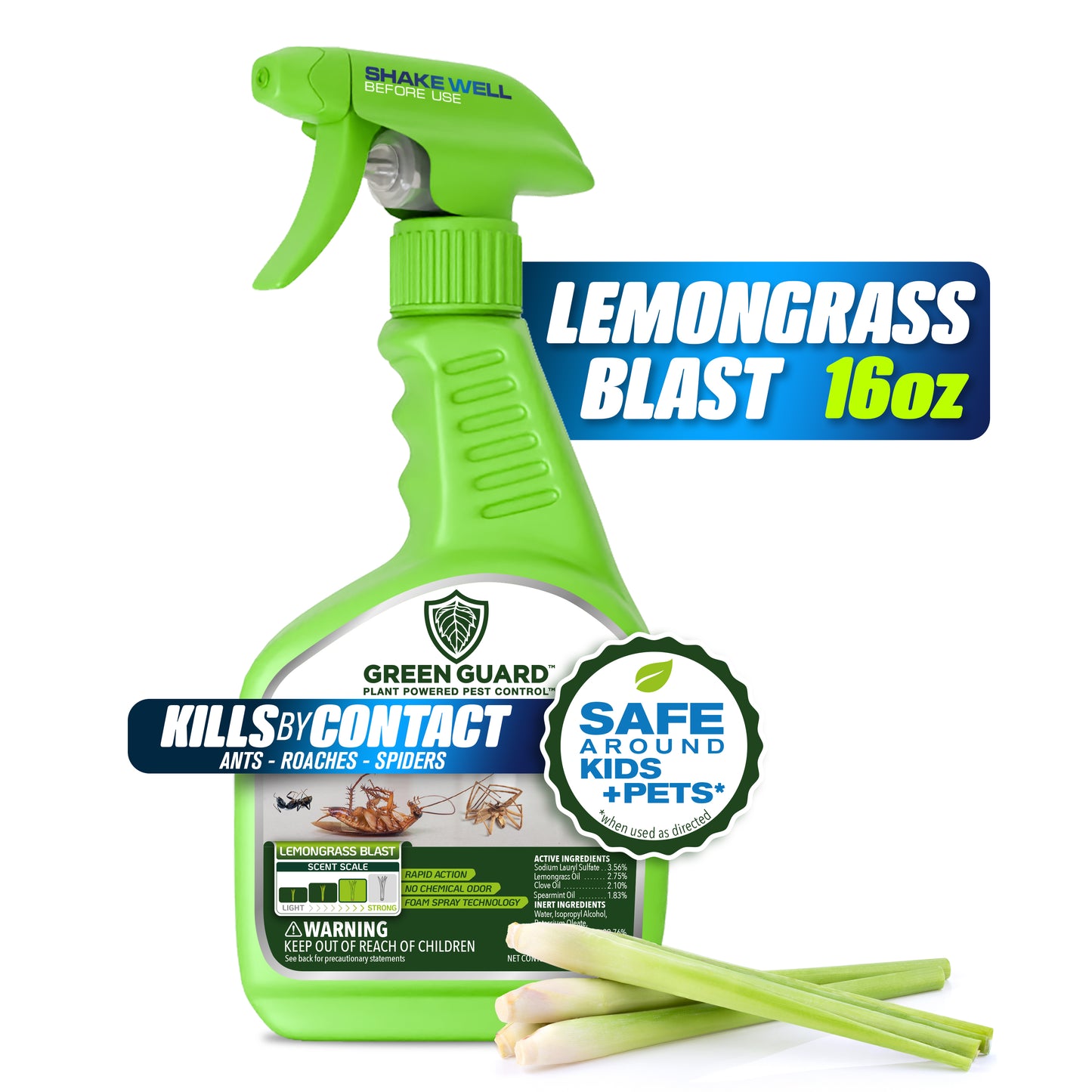 16 oz Lemongrass Blast Green Guard Pest Control Spray- Safe Around Children & Pets, Kills by Contact: Ants, Roaches, Spiders & Other Crawling Insects, Indoor and Outdoor