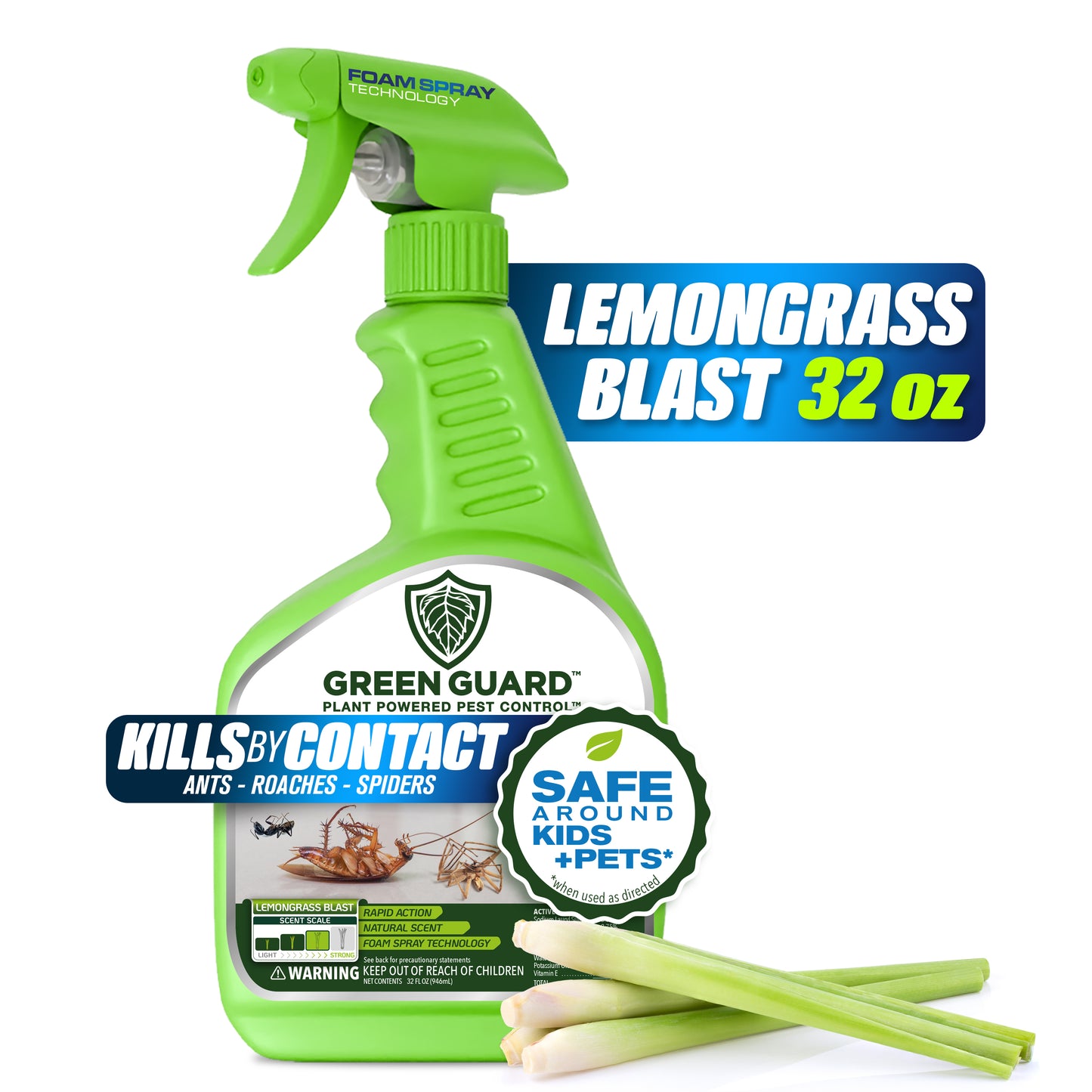 32 oz Lemongrass Blast Green Guard Pest Control Spray- Safe Around Children & Pets, Kills by Contact: Ants, Roaches, Spiders & Other Crawling Insects, Indoor and Outdoor, Pleasant Scent