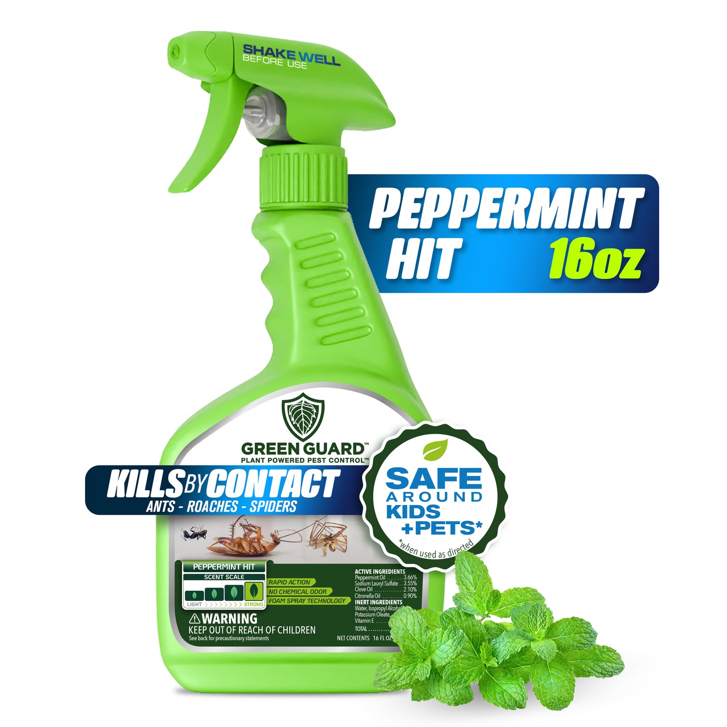 16 oz Peppermint Hit Green Guard Pest Control Spray- Safe Around Children & Pets, Kills by Contact: Ants, Roaches, Spiders & Other Crawling Insects, Indoor and Outdoor, Pleasant Scent