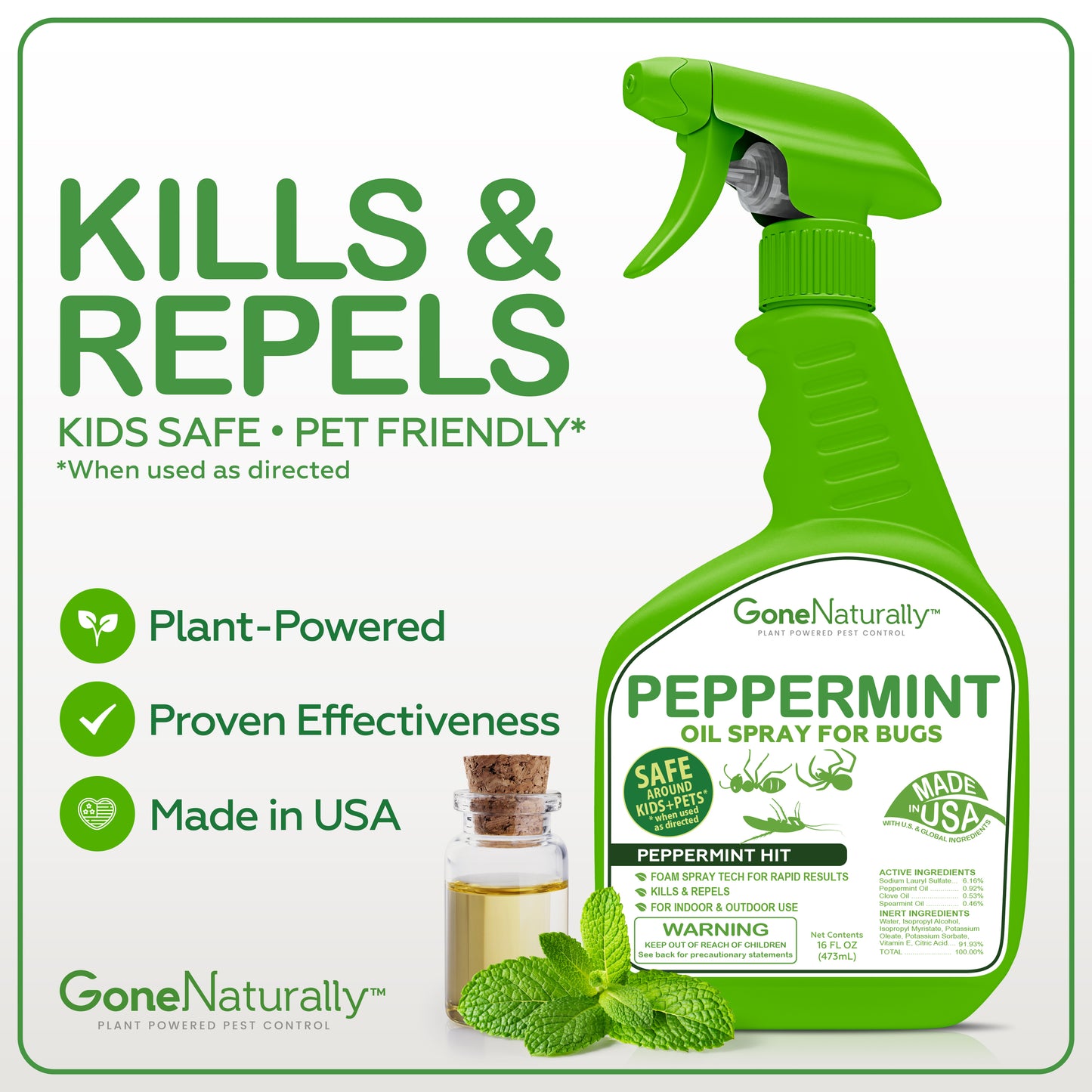 GoneNaturally Peppermint Oil Spray for Bugs– Insect Repellent & Bug Spray for Home– Kills & Repels Ants, Roaches, Spiders, Flies, Mosquitoes & More– Safe for Kids & Pets– Indoor & Outdoor Use (16oz)