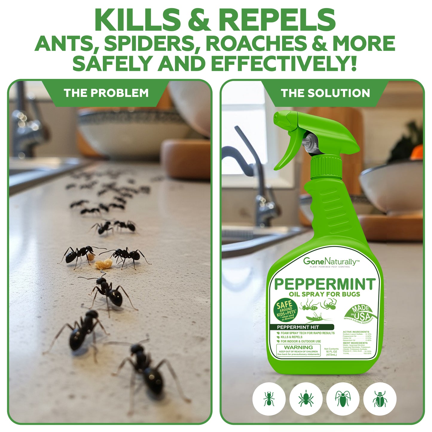 GoneNaturally Peppermint Oil Spray for Bugs– Insect Repellent & Bug Spray for Home– Kills & Repels Ants, Roaches, Spiders, Flies, Mosquitoes & More– Safe for Kids & Pets– Indoor & Outdoor Use (16oz)