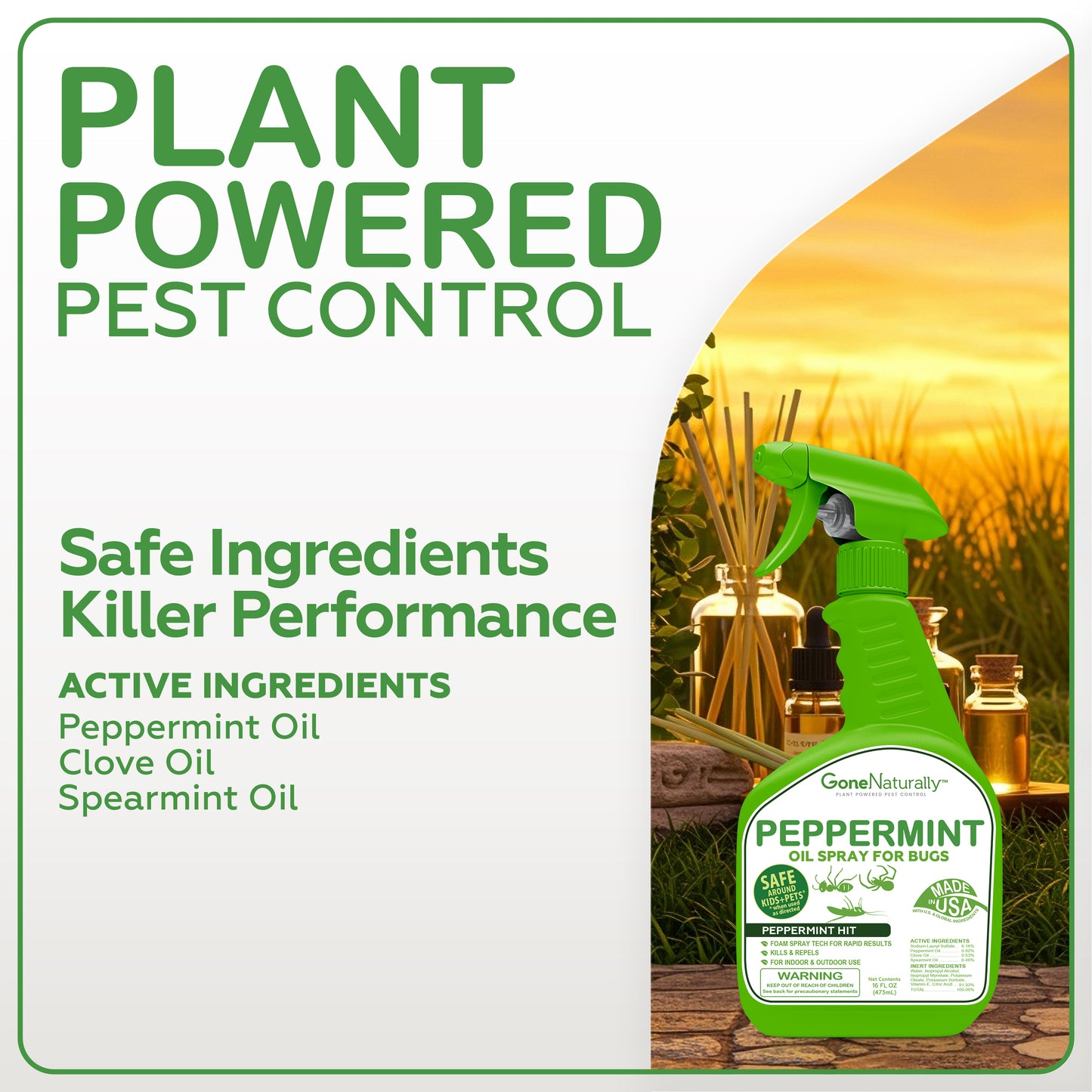 GoneNaturally Peppermint Oil Spray for Bugs– Insect Repellent & Bug Spray for Home– Kills & Repels Ants, Roaches, Spiders, Flies, Mosquitoes & More– Safe for Kids & Pets– Indoor & Outdoor Use (16oz)