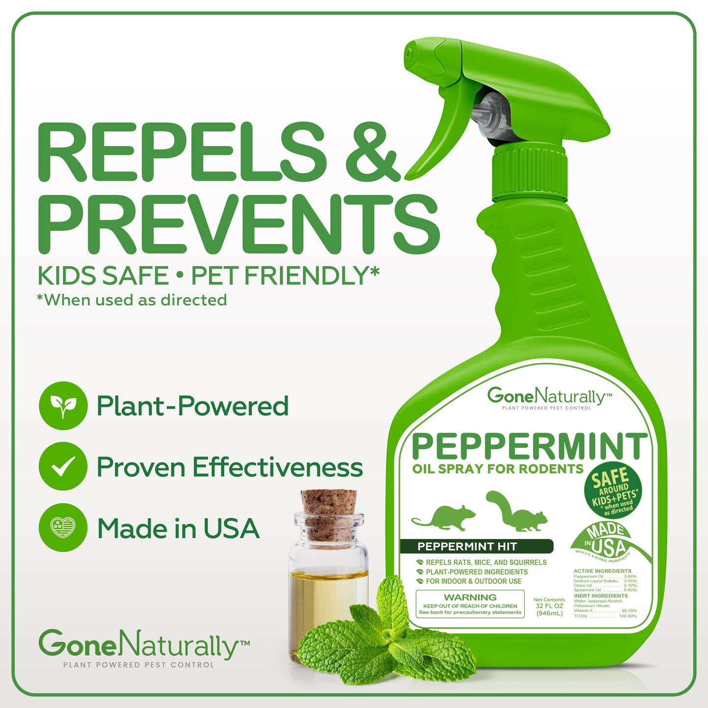 GoneNaturally Peppermint Oil Spray for Rodents– Peppermint Scented Rodent Repellent Spray– Mouse Repellent Spray Indoor Outdoor– Rat and Squirrel Repellent Spray for house– Safe for Pets & Kids (32oz)