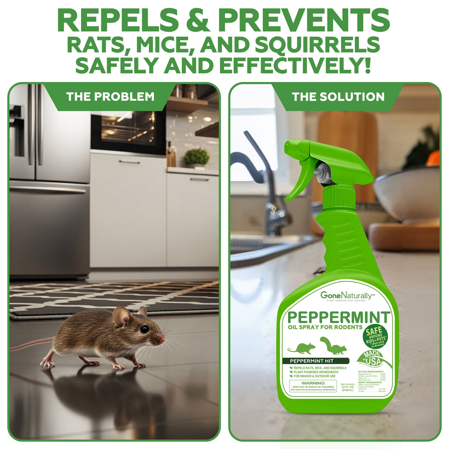 GoneNaturally Peppermint Oil Spray for Rodents– Peppermint Scented Rodent Repellent Spray– Mouse Repellent Spray Indoor Outdoor– Rat and Squirrel Repellent Spray for house– Safe for Pets & Kids (32oz)