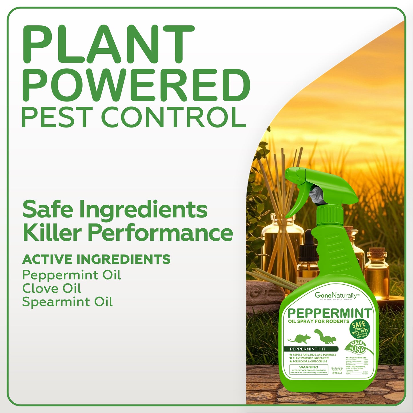GoneNaturally Peppermint Oil Spray for Rodents– Peppermint Scented Rodent Repellent Spray– Mouse Repellent Spray Indoor Outdoor– Rat and Squirrel Repellent Spray for house– Safe for Pets & Kids (32oz)