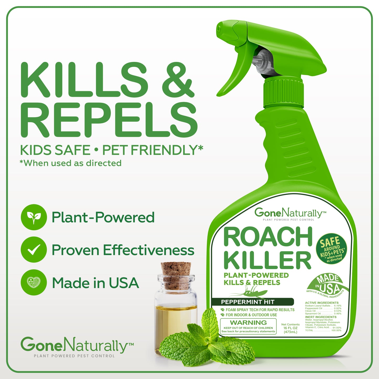 GoneNaturally Roach Killer – Natural Peppermint Oil Roach Spray for Indoor & Outdoor Use – Cockroach Killer & Roach Repellent for Home – Safe for Kids & Pets – Non-Toxic Pest Control (16oz)