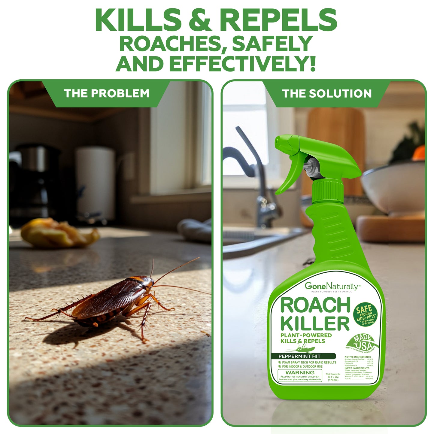 GoneNaturally Roach Killer – Natural Peppermint Oil Roach Spray for Indoor & Outdoor Use – Cockroach Killer & Roach Repellent for Home – Safe for Kids & Pets – Non-Toxic Pest Control (16oz)