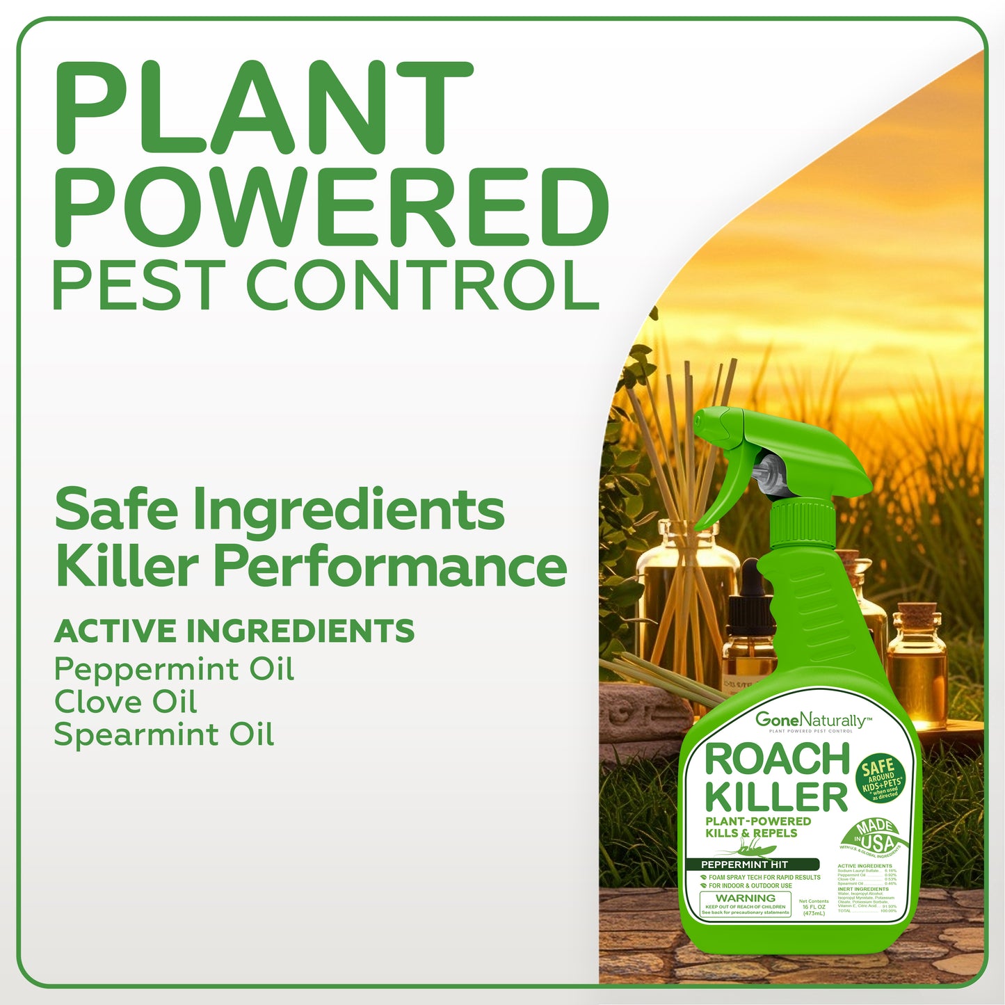 GoneNaturally Roach Killer – Natural Peppermint Oil Roach Spray for Indoor & Outdoor Use – Cockroach Killer & Roach Repellent for Home – Safe for Kids & Pets – Non-Toxic Pest Control (16oz)