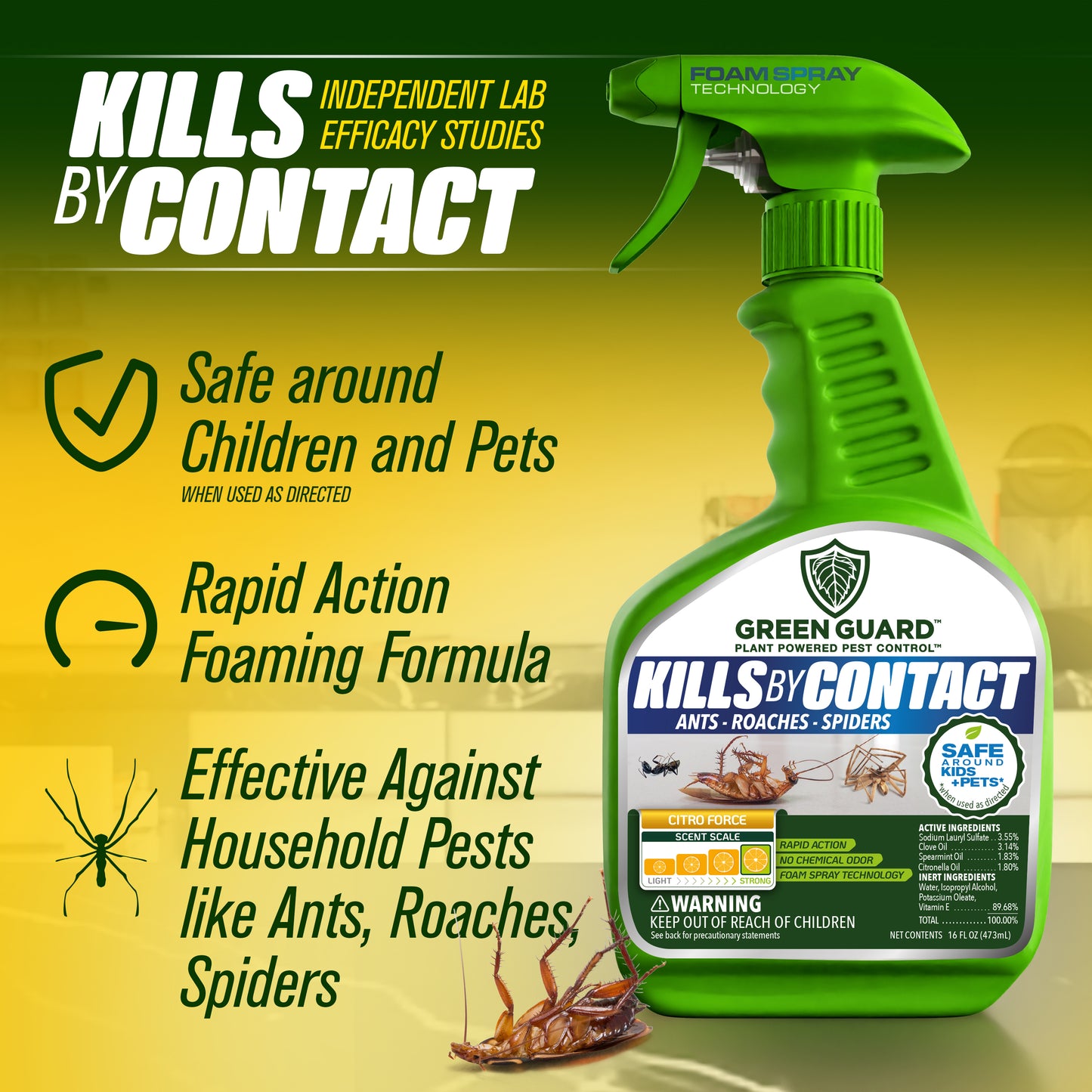 16 oz Citro Force Green Guard Pest Control Spray- Safe Around Children & Pets, Kills by Contact: Ants, Roaches, Spiders & Other Crawling Insects, Indoor and Outdoor, Pleasant Scent