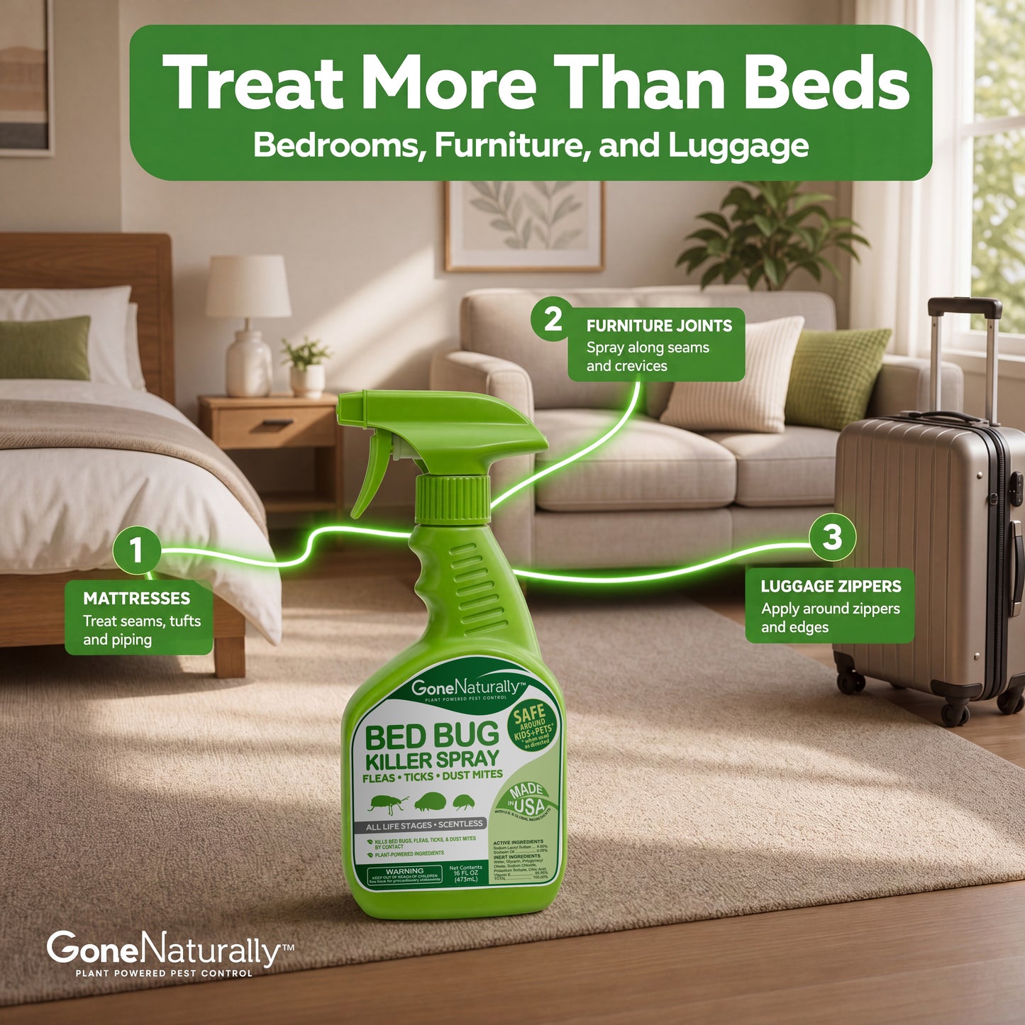 GoneNaturally Scentless Bed Bug Killer Spray. 16oz.