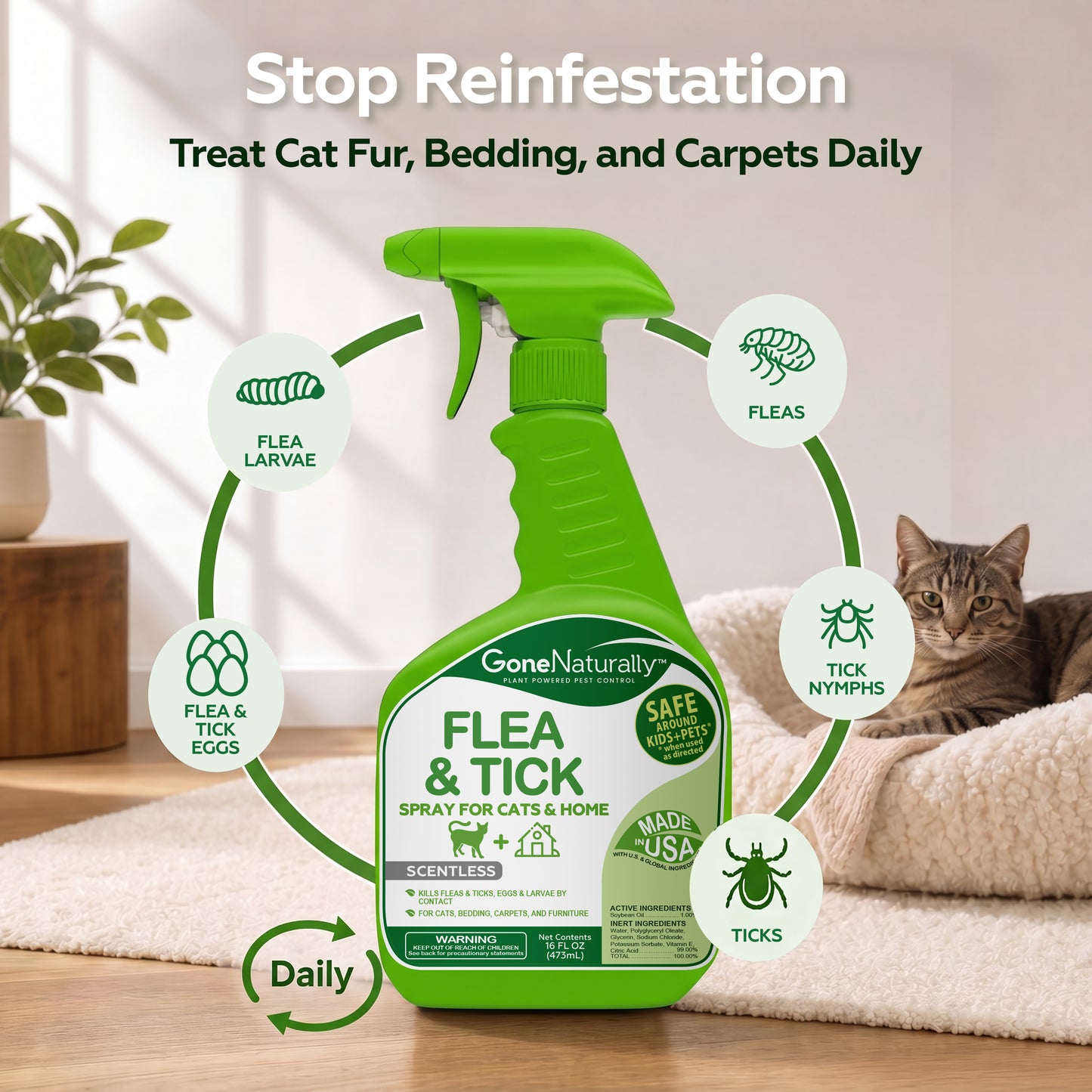 GoneNaturally Scentless Flea and Tick Spray for Cats & Home. 16oz.