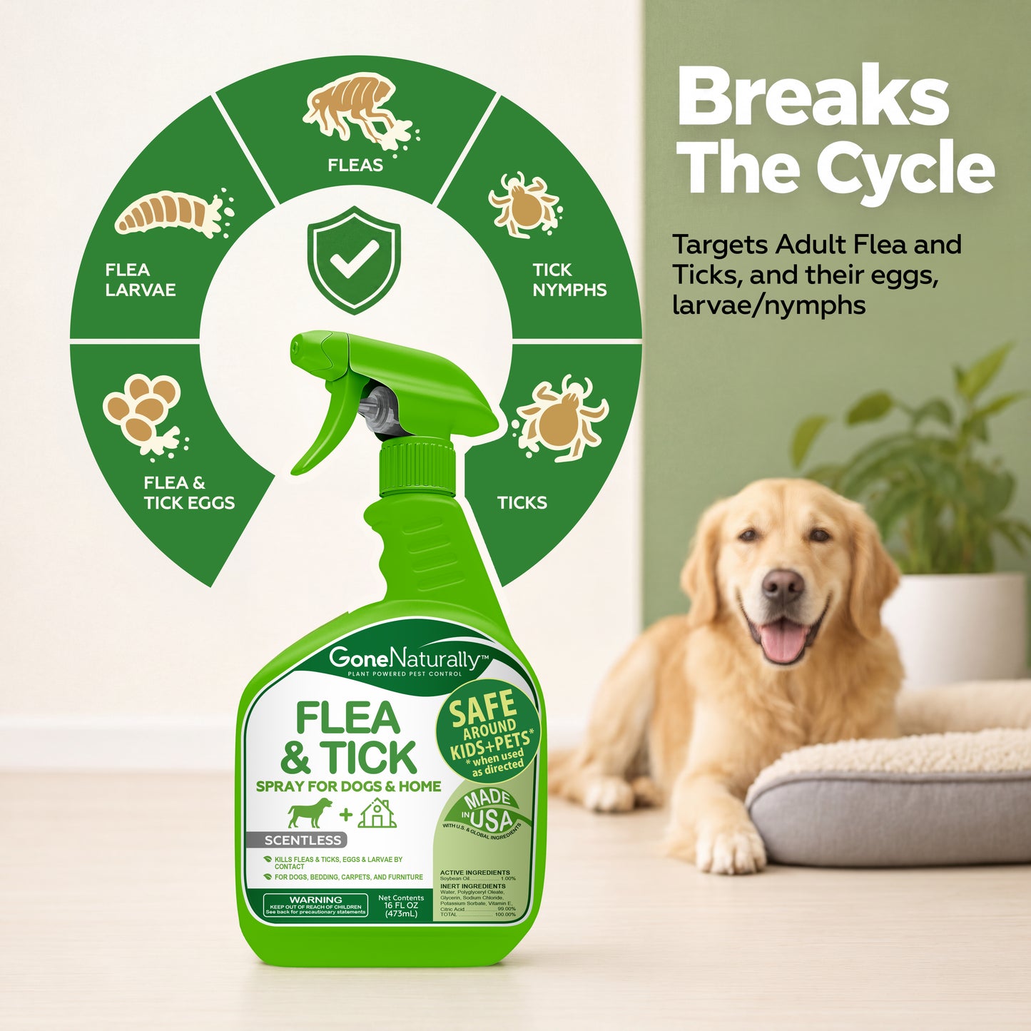GoneNaturally Scentless Flea and Tick Spray for Dogs & Home. 16oz.