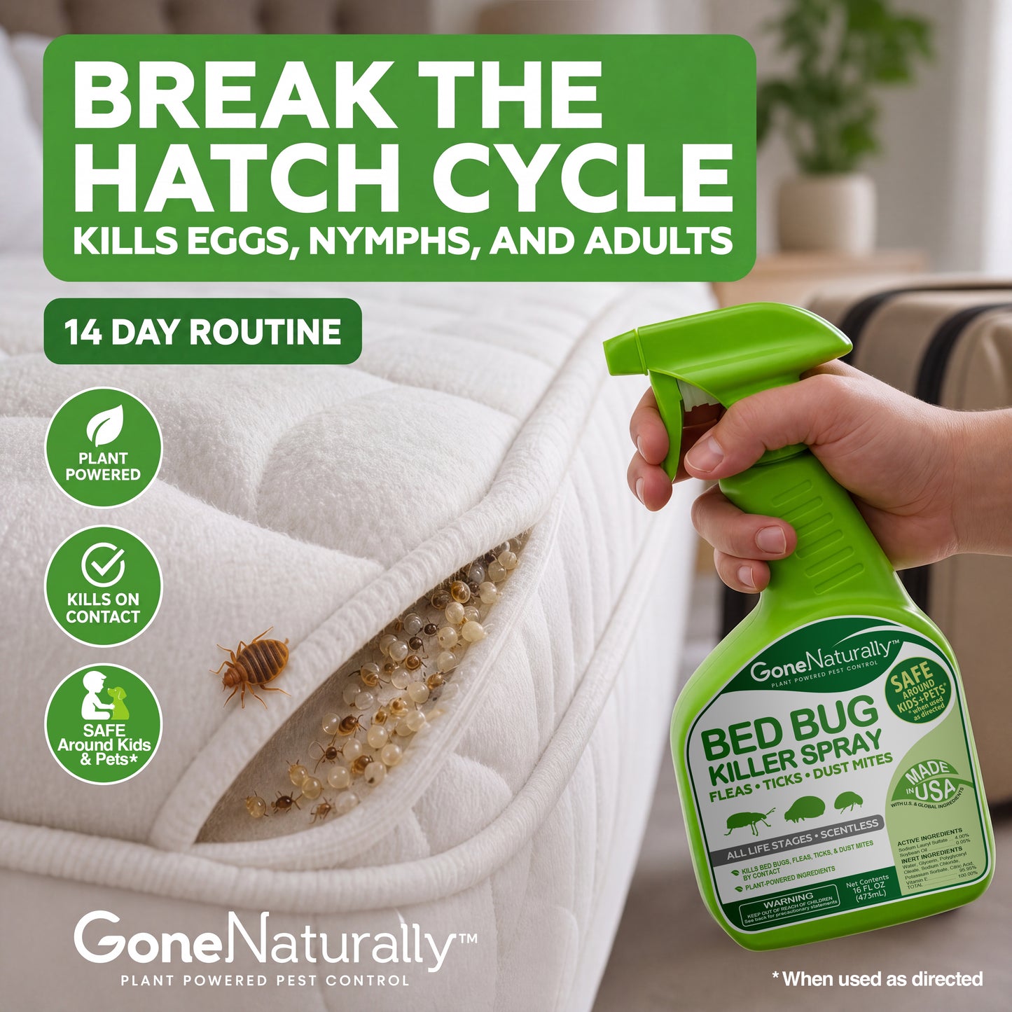 GoneNaturally Scentless Bed Bug Killer Spray. 16oz.