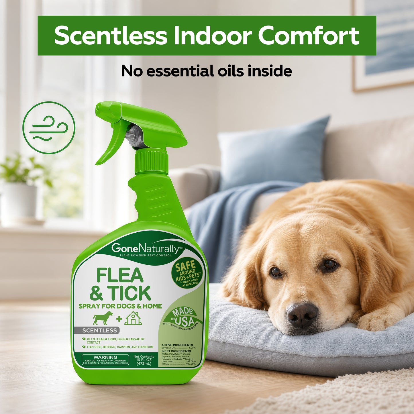 GoneNaturally Scentless Flea and Tick Spray for Dogs & Home. 16oz.