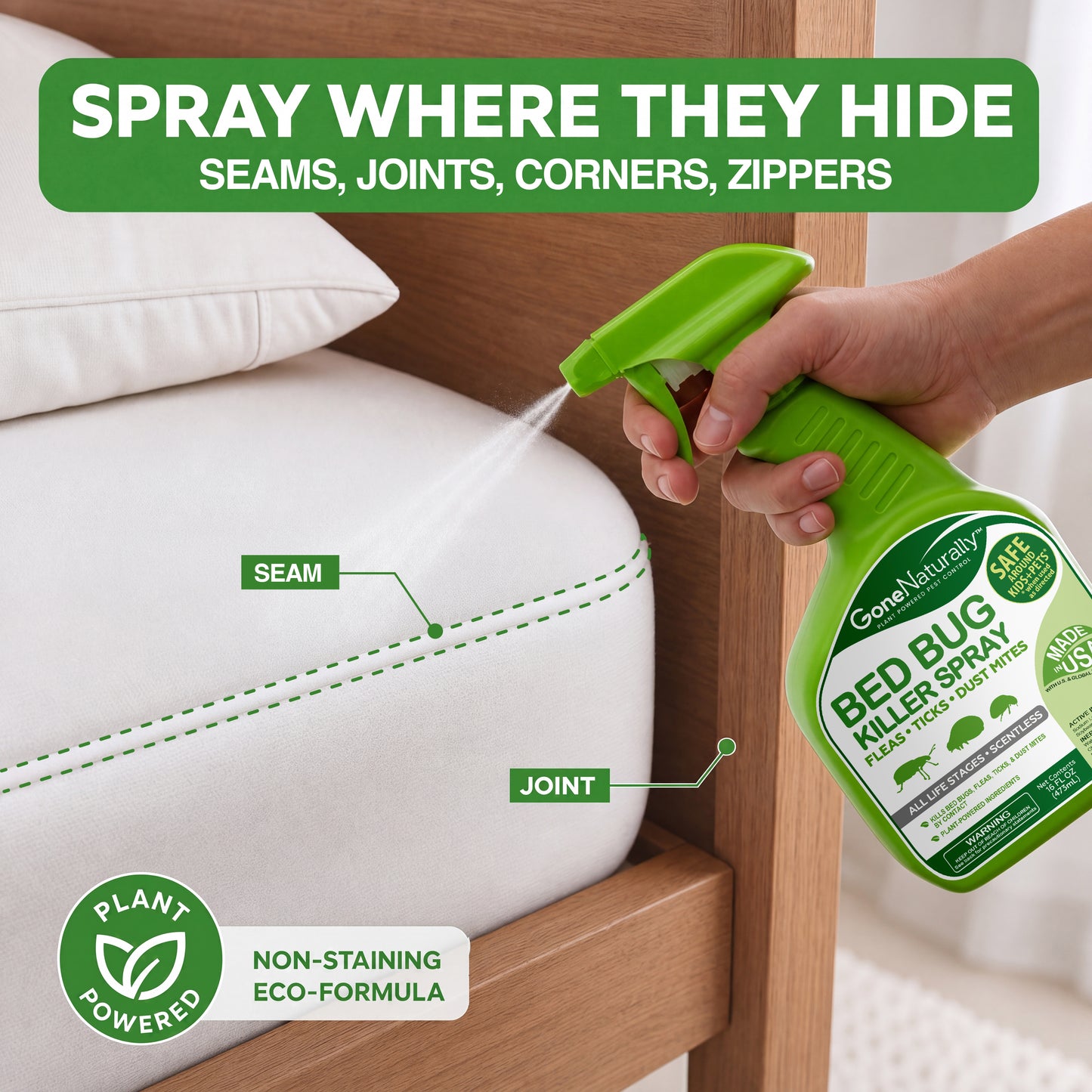GoneNaturally Scentless Bed Bug Killer Spray. 16oz.