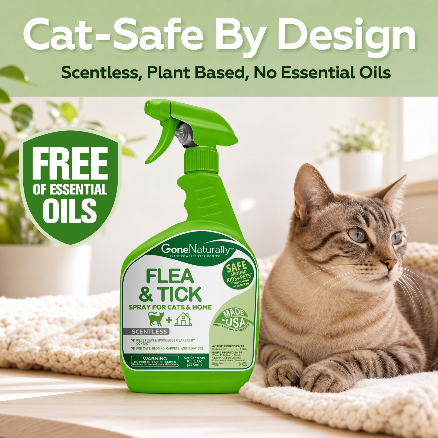 GoneNaturally Scentless Flea and Tick Spray for Cats & Home. 16oz.