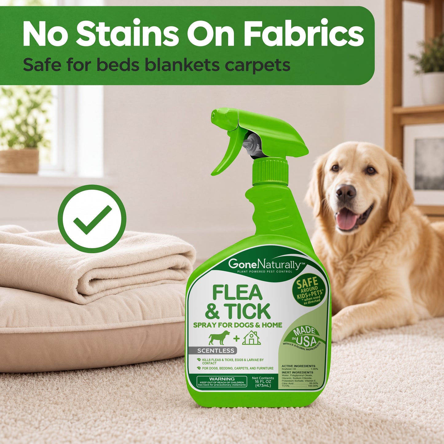 GoneNaturally Scentless Flea and Tick Spray for Dogs & Home. 16oz.