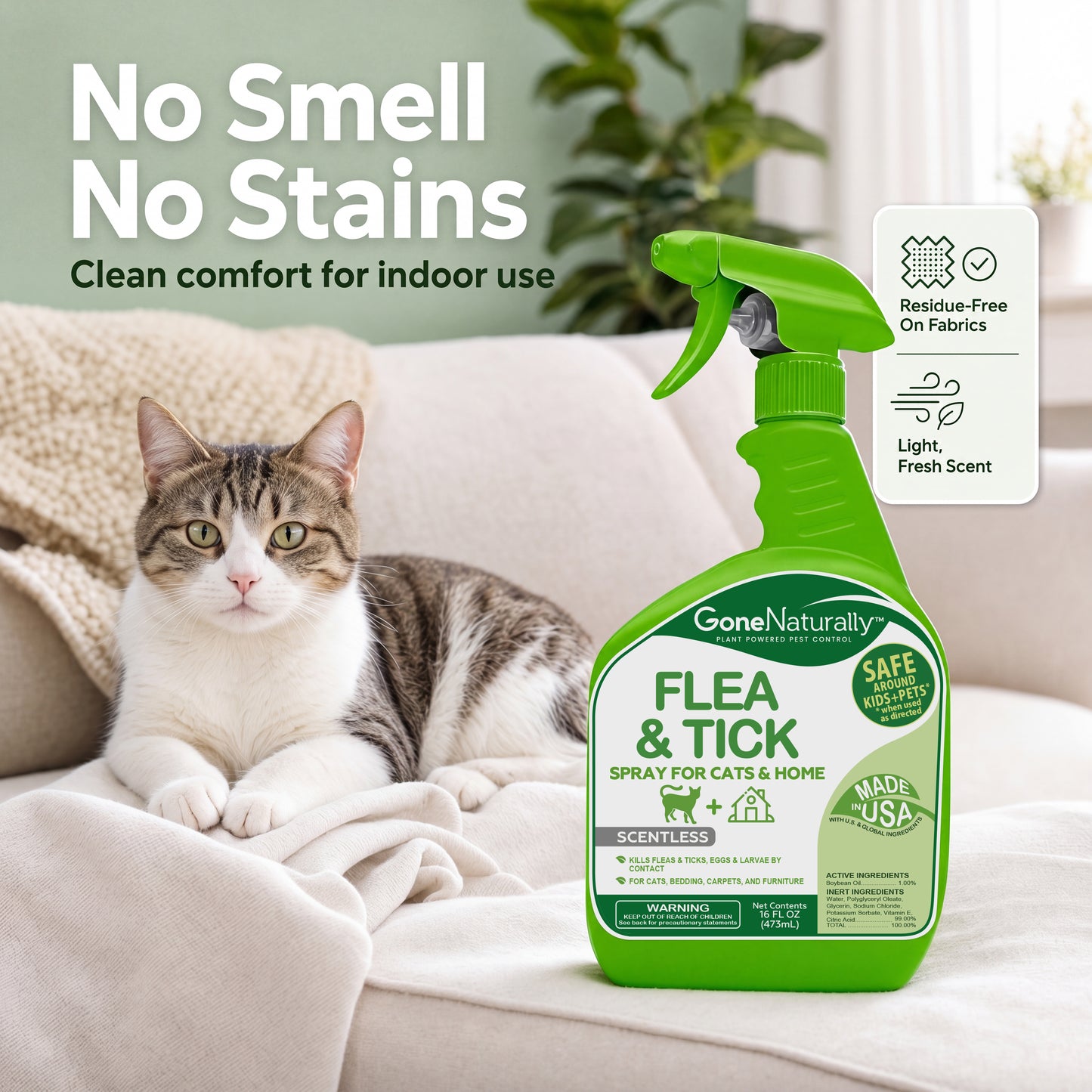 GoneNaturally Scentless Flea and Tick Spray for Cats & Home. 16oz.