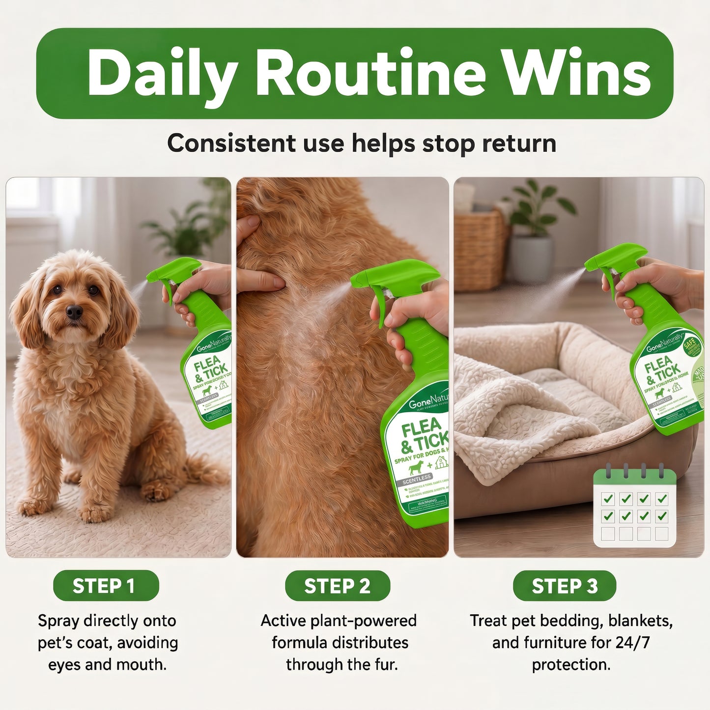 GoneNaturally Scentless Flea and Tick Spray for Dogs & Home. 16oz.