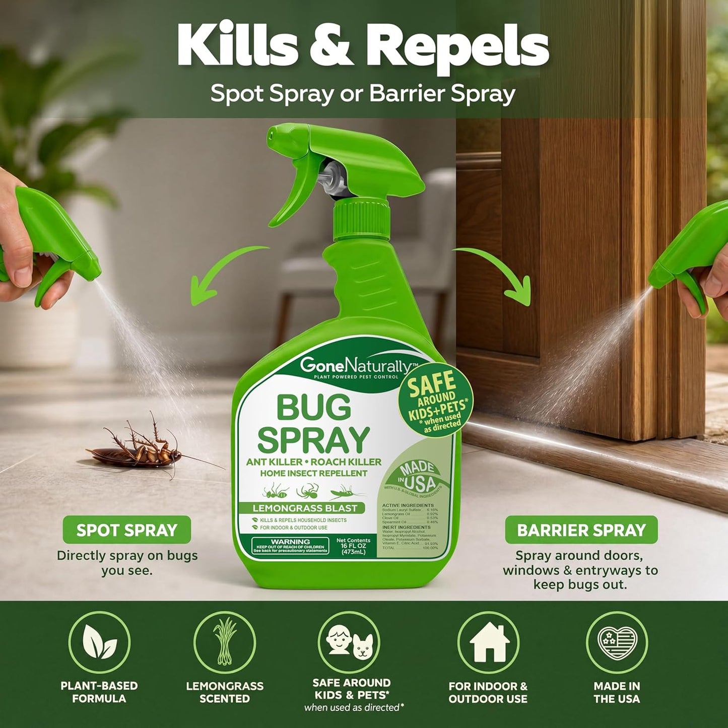 GoneNaturally Lemongrass Bug Spray for Home (16oz)