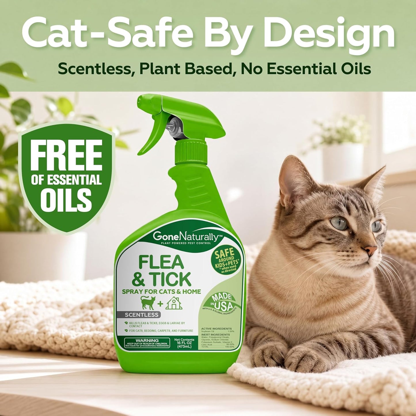 GoneNaturally Scentless Flea and Tick Spray for Cats(16oz)