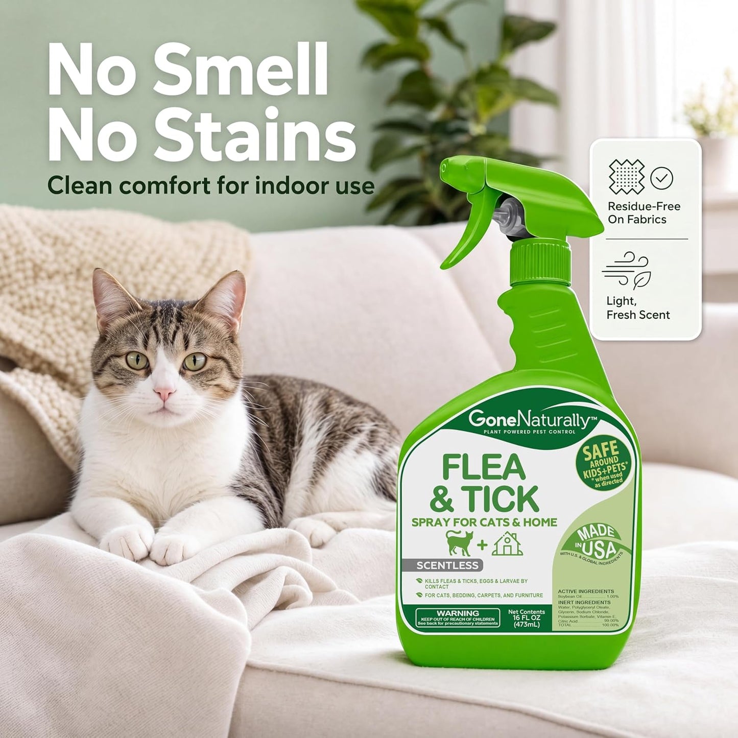 GoneNaturally Scentless Flea and Tick Spray for Cats(16oz)