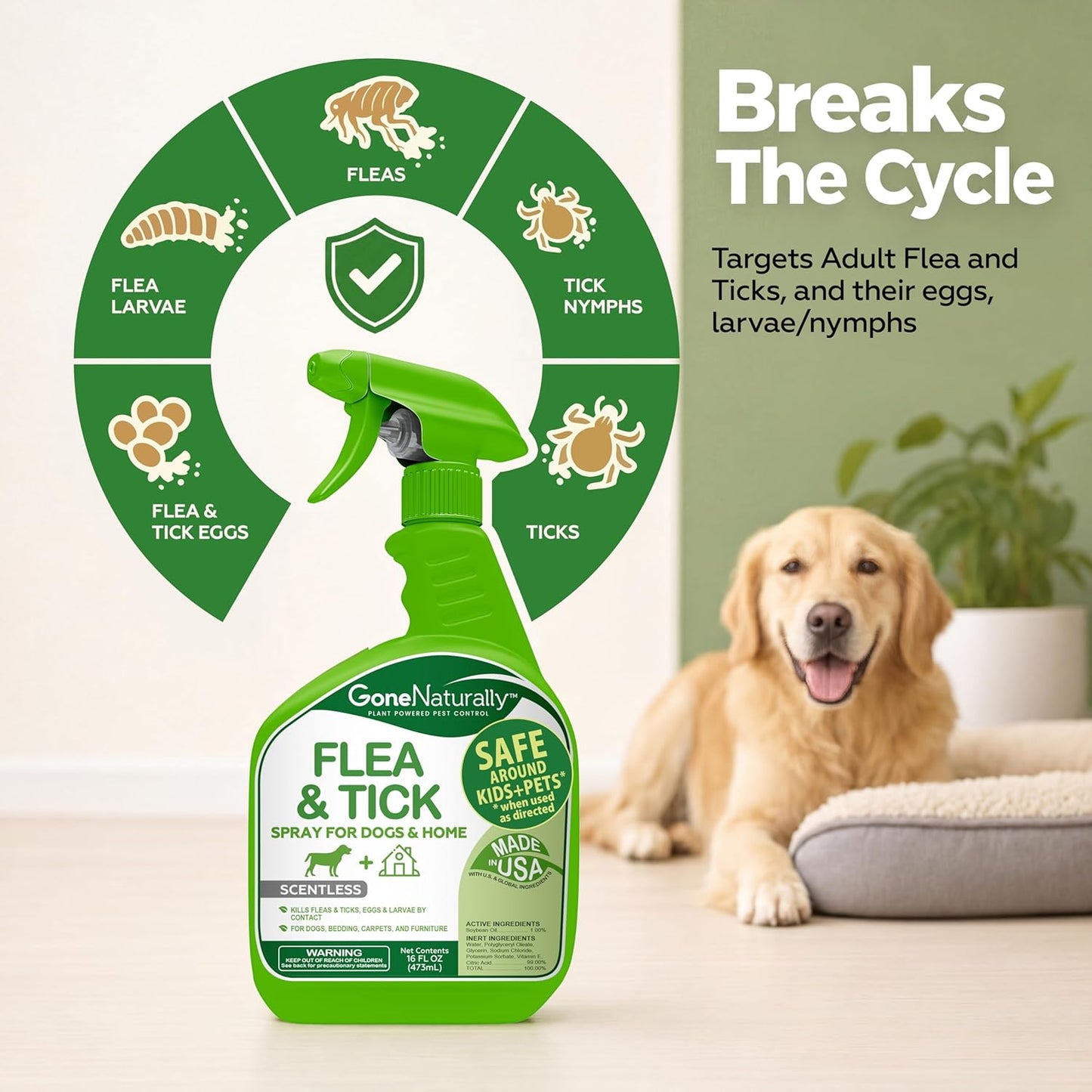 GoneNaturally Scentless Flea and Tick Spray for Dogs (16oz)