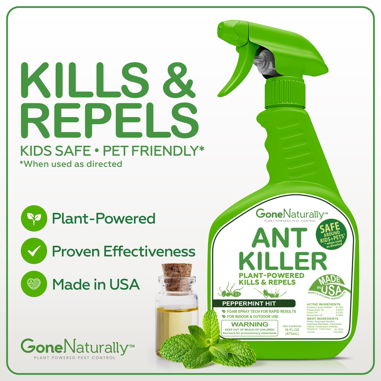 GoneNaturally Ant Killer– Peppermint Oil Ant Spray for Indoor & Outdoor Use– Natural Ant Repellent & Ant Killer for Home– Safe for Kids & Pets– Non-Toxic Pest Control Solution (16oz)