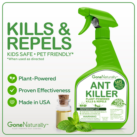 GoneNaturally Ant Killer– Peppermint Oil Ant Spray for Indoor & Outdoor Use– Natural Ant Repellent & Ant Killer for Home– Safe for Kids & Pets– Non-Toxic Pest Control Solution (16oz)