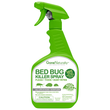 GoneNaturally Bed Bug Killer Spray– Scentless Natural Bed Bug Spray for Home & Mattress– Bedbugs Killers Treatment for Bugs & Eggs– Flea, Tick & Dust Mite Control– Kid & Pet Safe, Non-Staining (16oz)