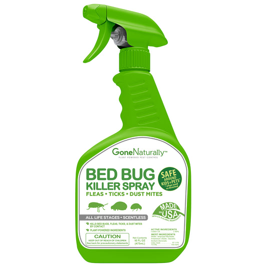 GoneNaturally Bed Bug Killer Spray– Scentless Natural Bed Bug Spray for Home & Mattress– Bedbugs Killers Treatment for Bugs & Eggs– Flea, Tick & Dust Mite Control– Kid & Pet Safe, Non-Staining (16oz)