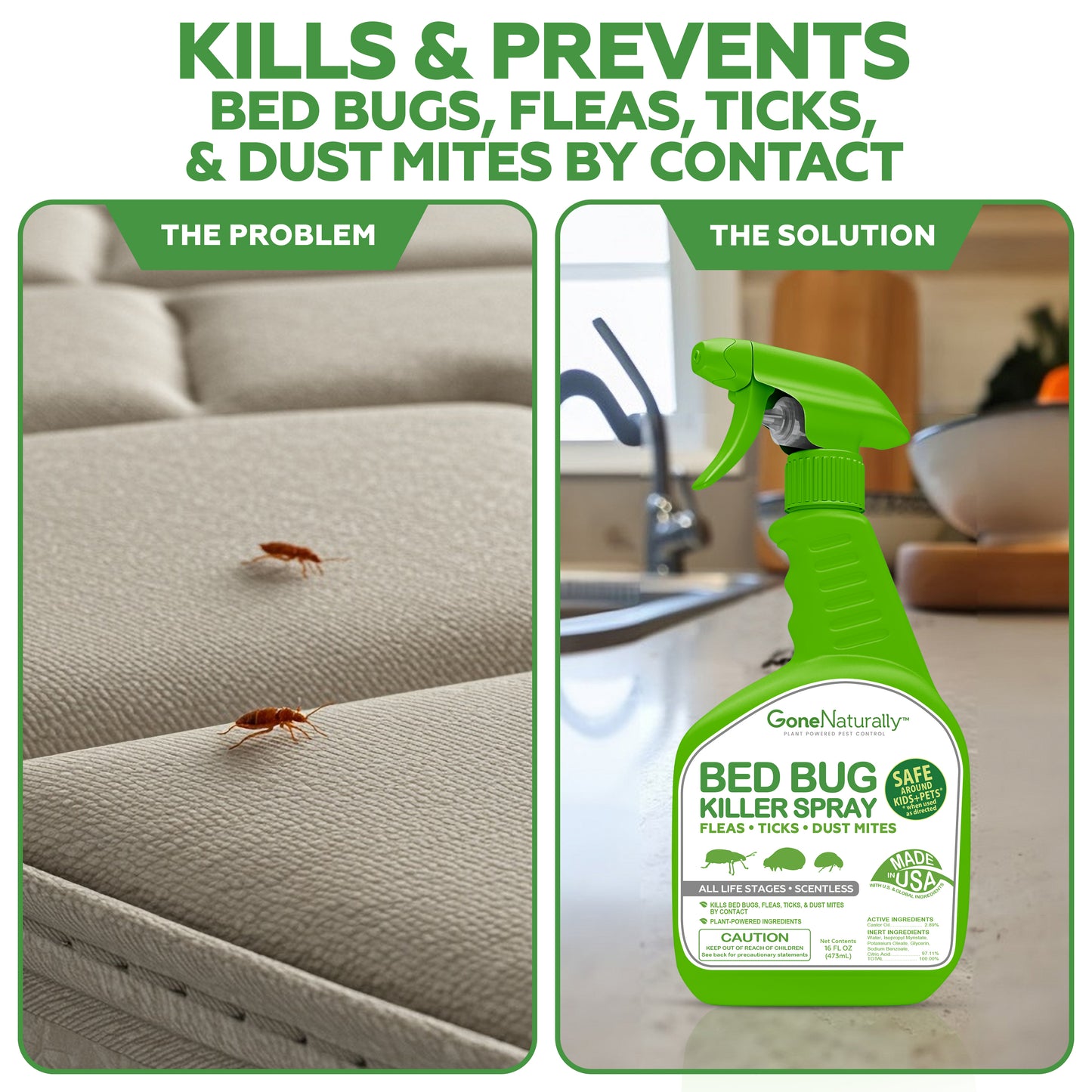 GoneNaturally Bed Bug Killer Spray– Scentless Natural Bed Bug Spray for Home & Mattress– Bedbugs Killers Treatment for Bugs & Eggs– Flea, Tick & Dust Mite Control– Kid & Pet Safe, Non-Staining (16oz)